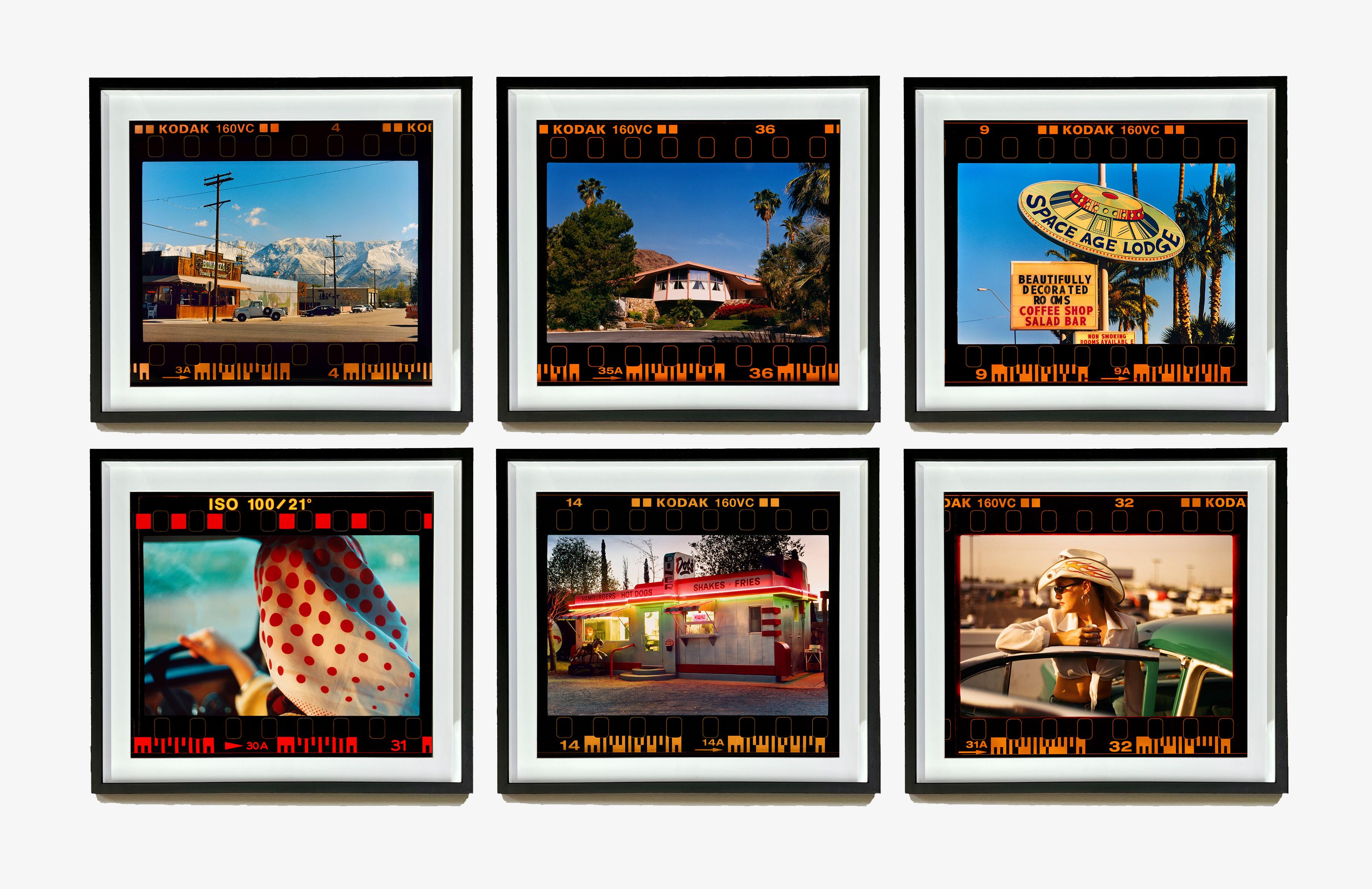 On the Road, reimagines classic Richard Heeps artworks presented with full film rebate almost like a blown up contact sheet. 
This set of six framed ready to hang artworks feature:
Lone Pine, California, 2000
Honeymoon Hideaway, Palm Springs,