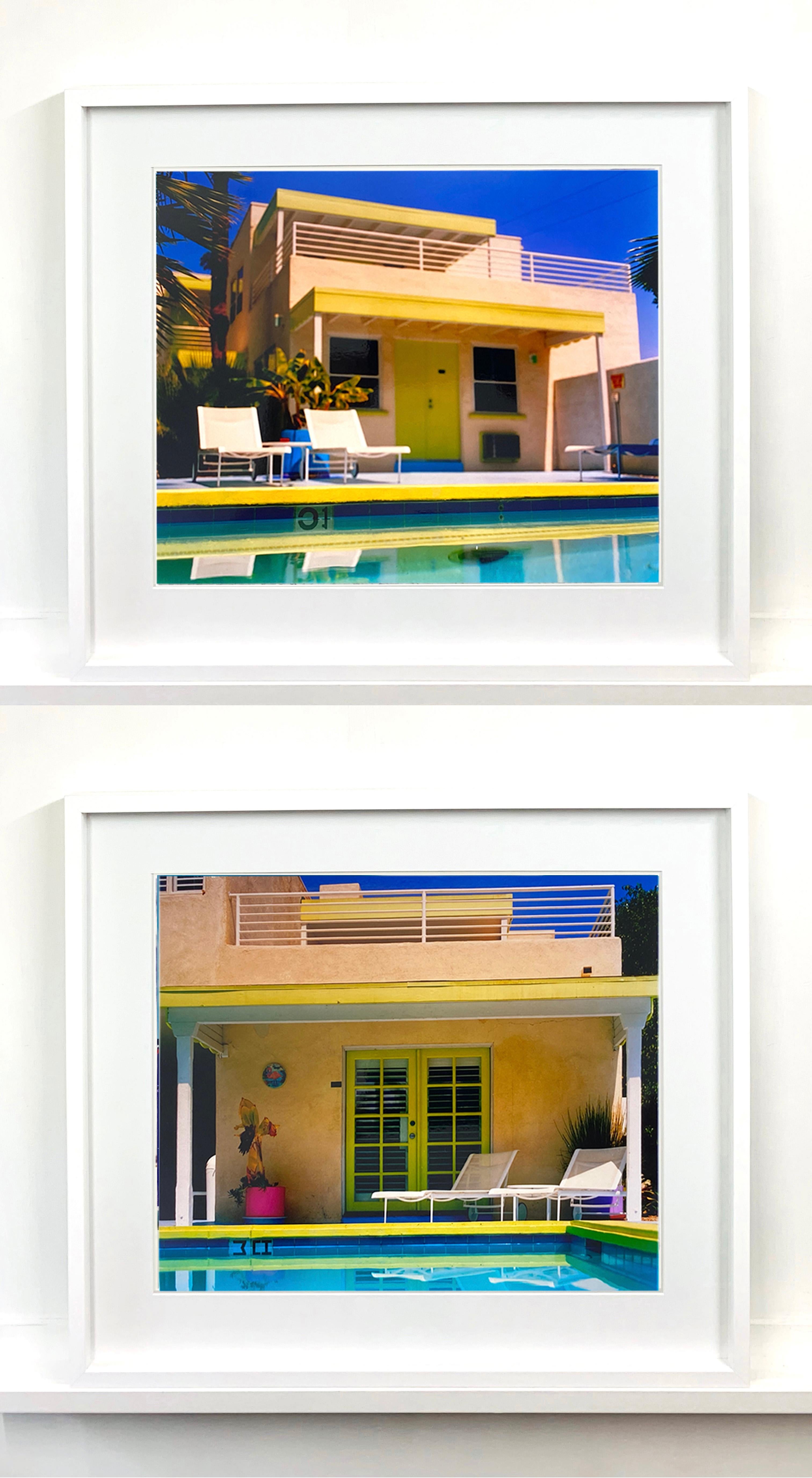 Palm Springs Pool Side, photography by Richard Heeps at Ballantines Movie Colony. This artwork captures the classic mid-century Palm Springs architecture set against saturated blue skies and the cool pool with accents of pink and almost neon