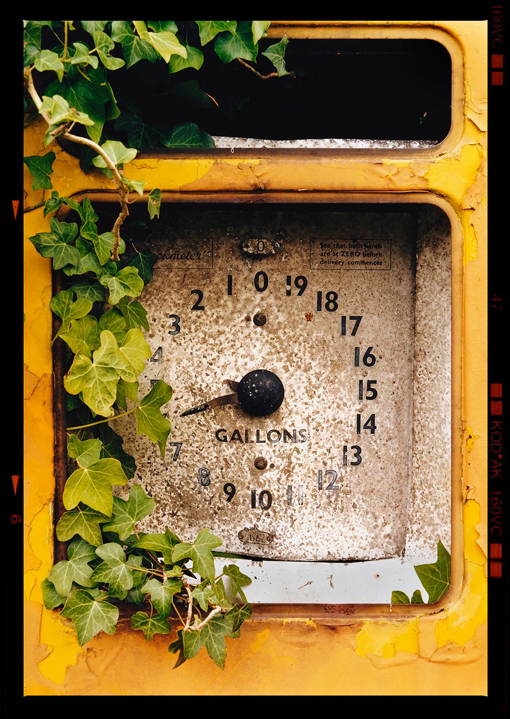 An old fashioned yellow petrol pump, an item that Richard likes to "collect", sitting amongst green ivy. Photographed in Stow Bardolph, Norfolk.

This artwork is a limited edition of 25 gloss photographic print from negative, dry-mounted to