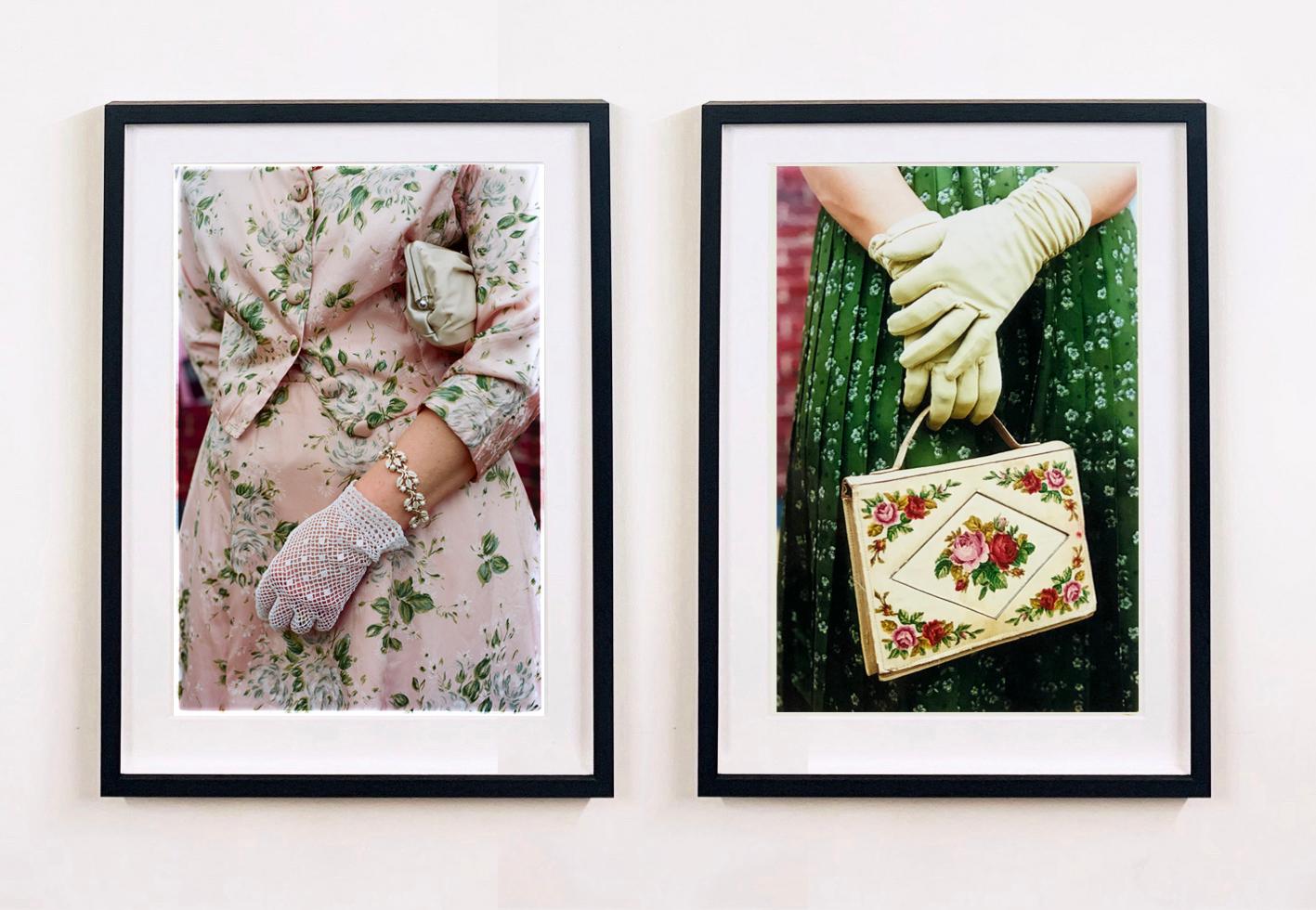 Pink Floral Dress and Gloves & Handbag- Feminine fashion, color photography