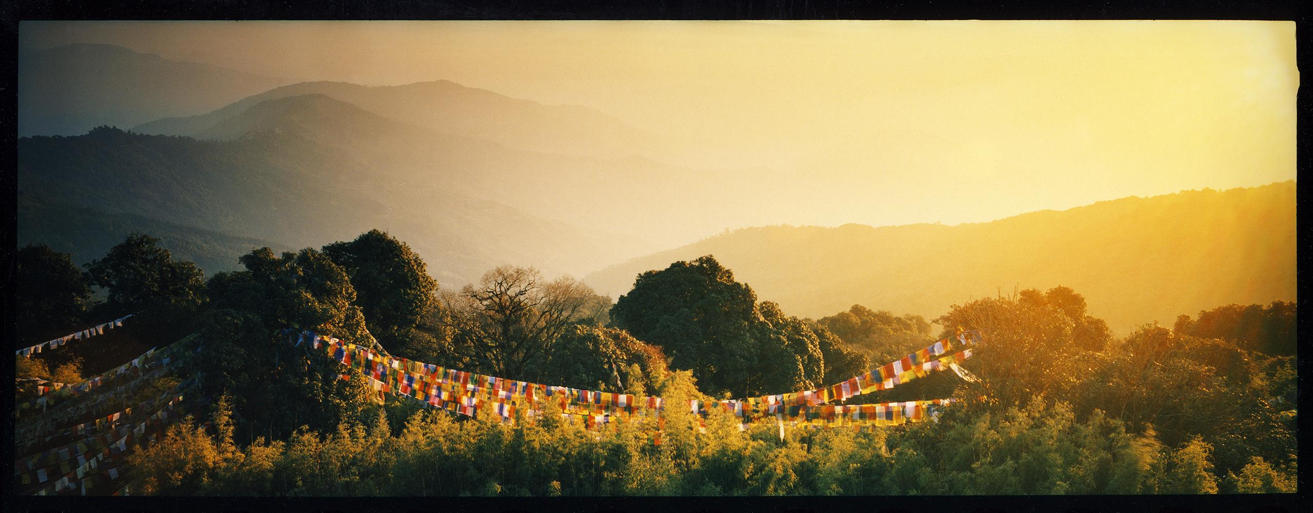 Richard Heeps Landscape Print - Prayer Flags, Darjeeling, - Sunrise, landscape color photography