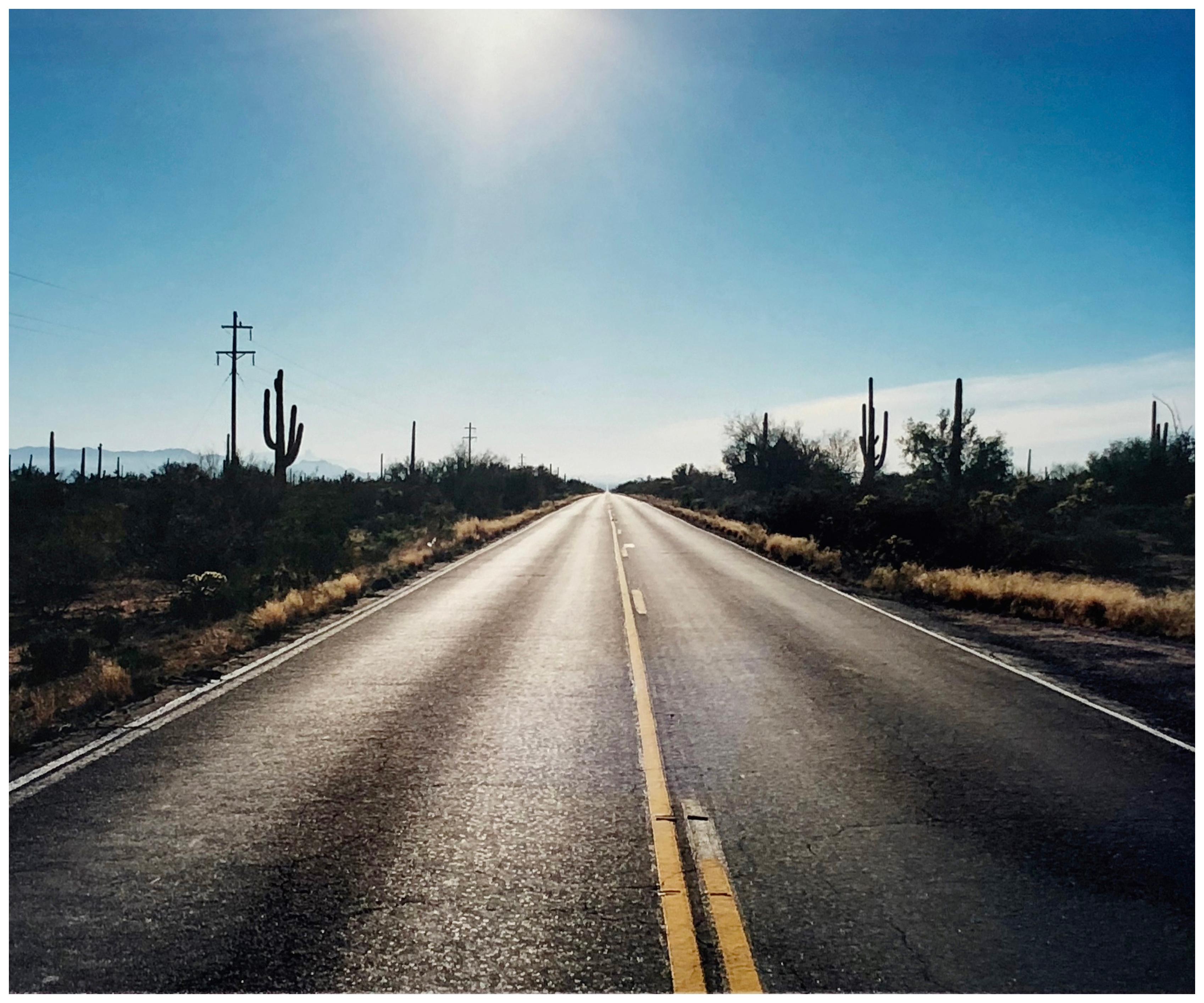 Road to Gunsight, photograph from Richard Heeps 'Dream in Color' Series, this is the classic American open road photograph, which is a metaphor throughout Richard's work. The early morning sunlight and the road combine to create this iconic American