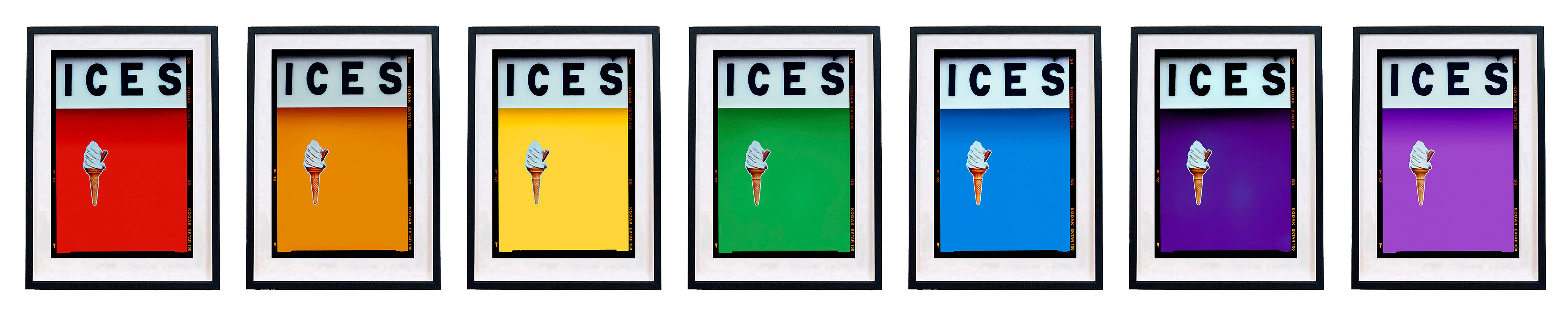 Set of seven framed rainbow color Richard Heeps' iconic 'ICES' pop art photography prints.

Created as an ode to Richard's childhood visits to his grandparents living on the Sussex coast, the artwork tells the story of the simple joys of the British