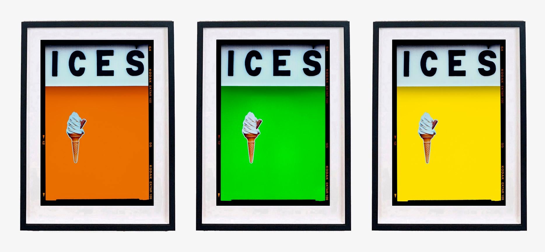 Set of three framed pop art prints, Richard Heeps ICES in a juicy citrus color themed trio featuring Burnt Orange, Vivid Lime Green and Lemon Yellow.

Created as an ode to Richard's childhood visits to his grandparents living on the Sussex coast,