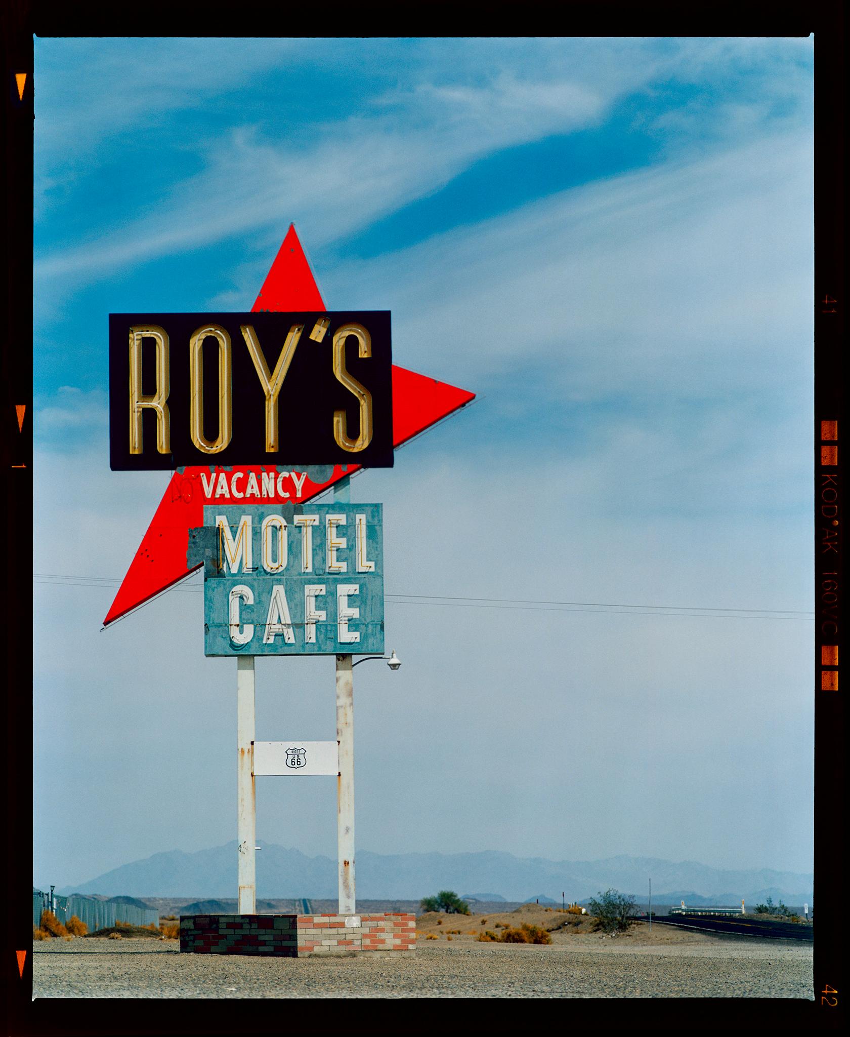 Roy's Motel Sign, Route 66, Amboy, California, 2001. 
Swim-in-Pool Supply Co. Las Vegas, Nevada, 2003.
Pink Champagne Motel, Wildwood, New Jersey, 2013
Set of three framed ready to hang American roadside architecture pop art photographs by Richard