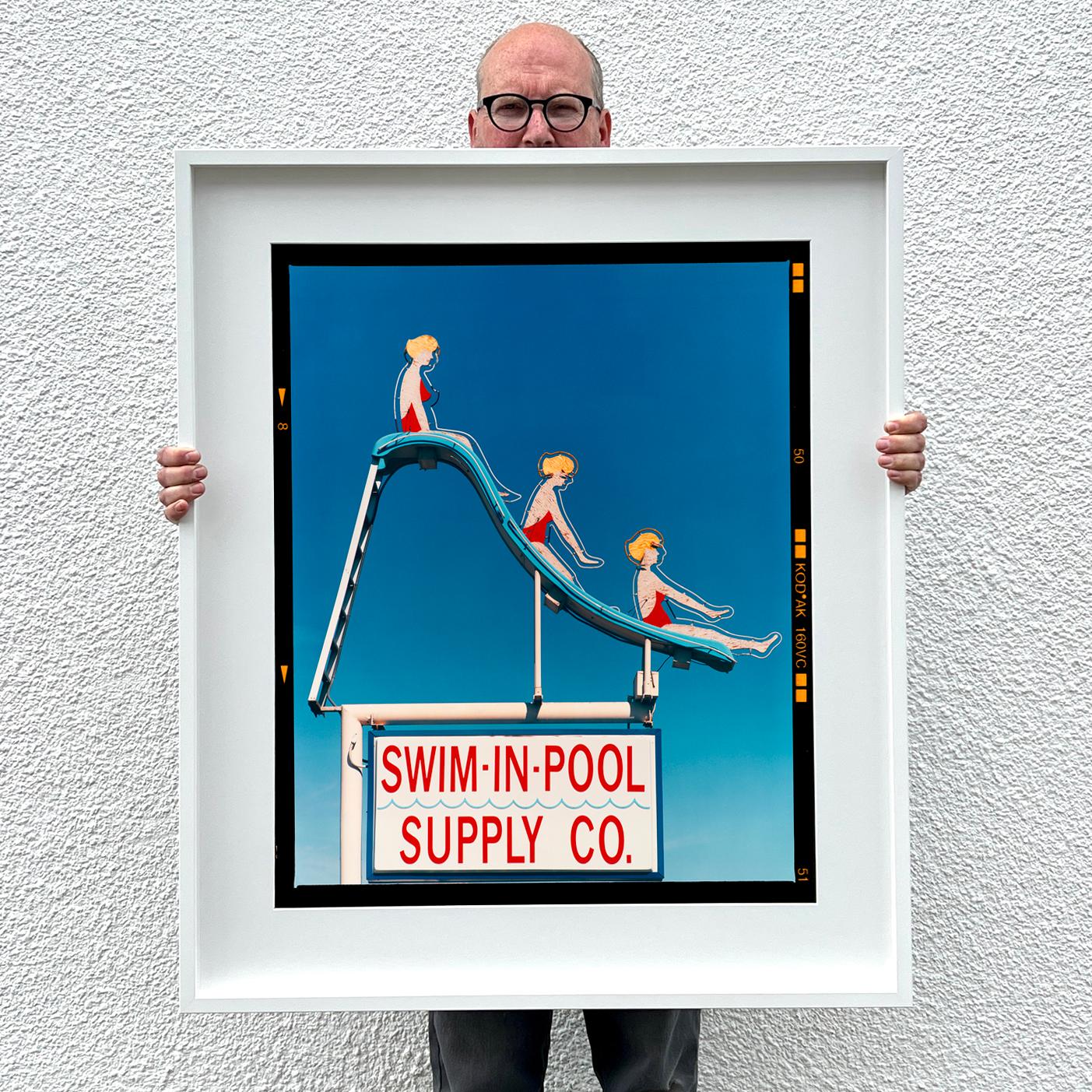 Swim-in-Pool Supply Co. This fun original artwork really shows Richard's unique eye as a photographer. Captured in Las Vegas in 2003 it is part of a series he took over a few years. The popping colours of blue, red and yellow have a bold painterly