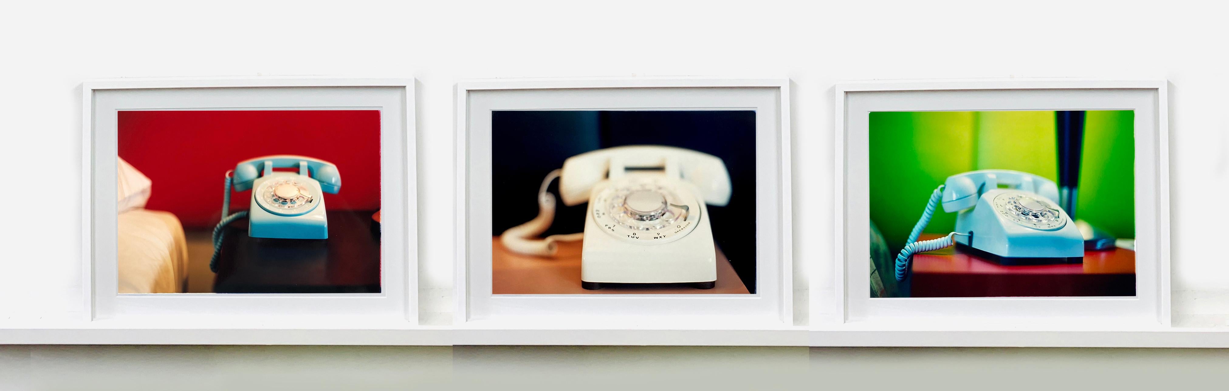 'Telephone VII' part of Richard Heeps 'Dream in Colour' Series. 
This cool Palm Springs interior photography featuring a vintage telephone on a nightstand combines  bright contrasting green, red and blue color tones and dreamy nostalgic mid-century
