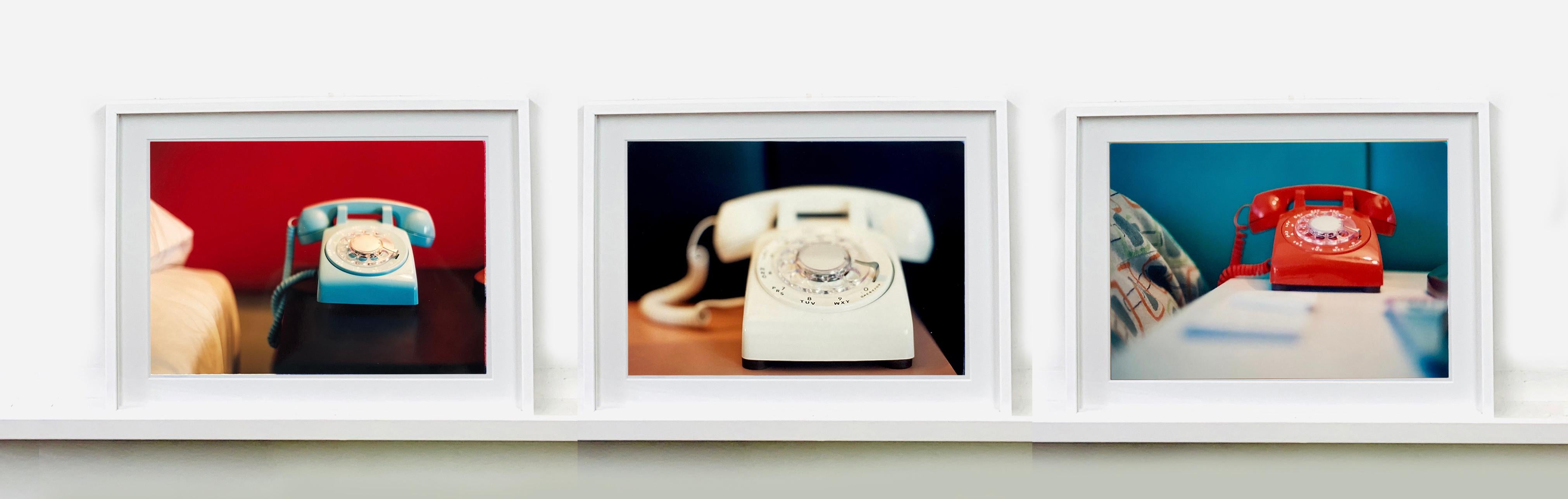 'Telephone VI' part of Richard Heeps 'Dream in Colour' Series. 
This cool Palm Springs interior photography featuring a vintage telephone on a nightstand combines gorgeous colours of bright red and deep teal and it has a mid-century modern nostalgic