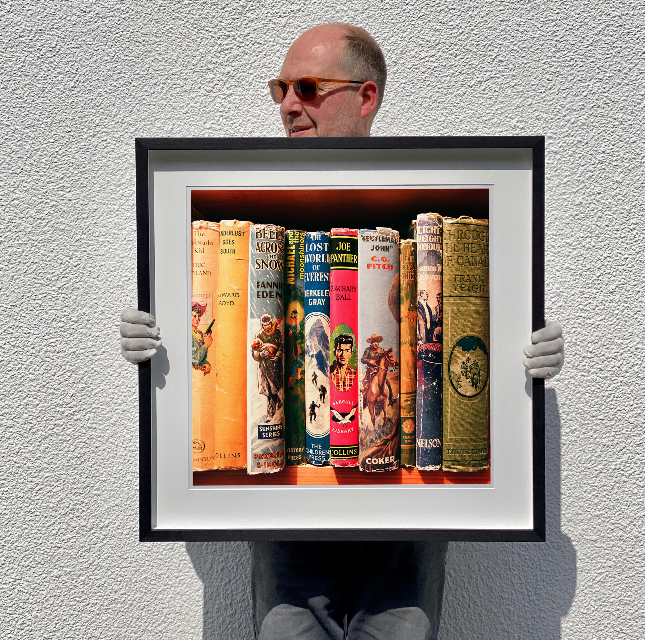 The Colorado Kid, présente une collection de dos de livres anciens sur une étagère, dans une photographie de Richard Heeps tirée de sa série In The Treasure Trove. Pris dans une librairie d'occasion dans le Norfolk, le motif linéaire est une