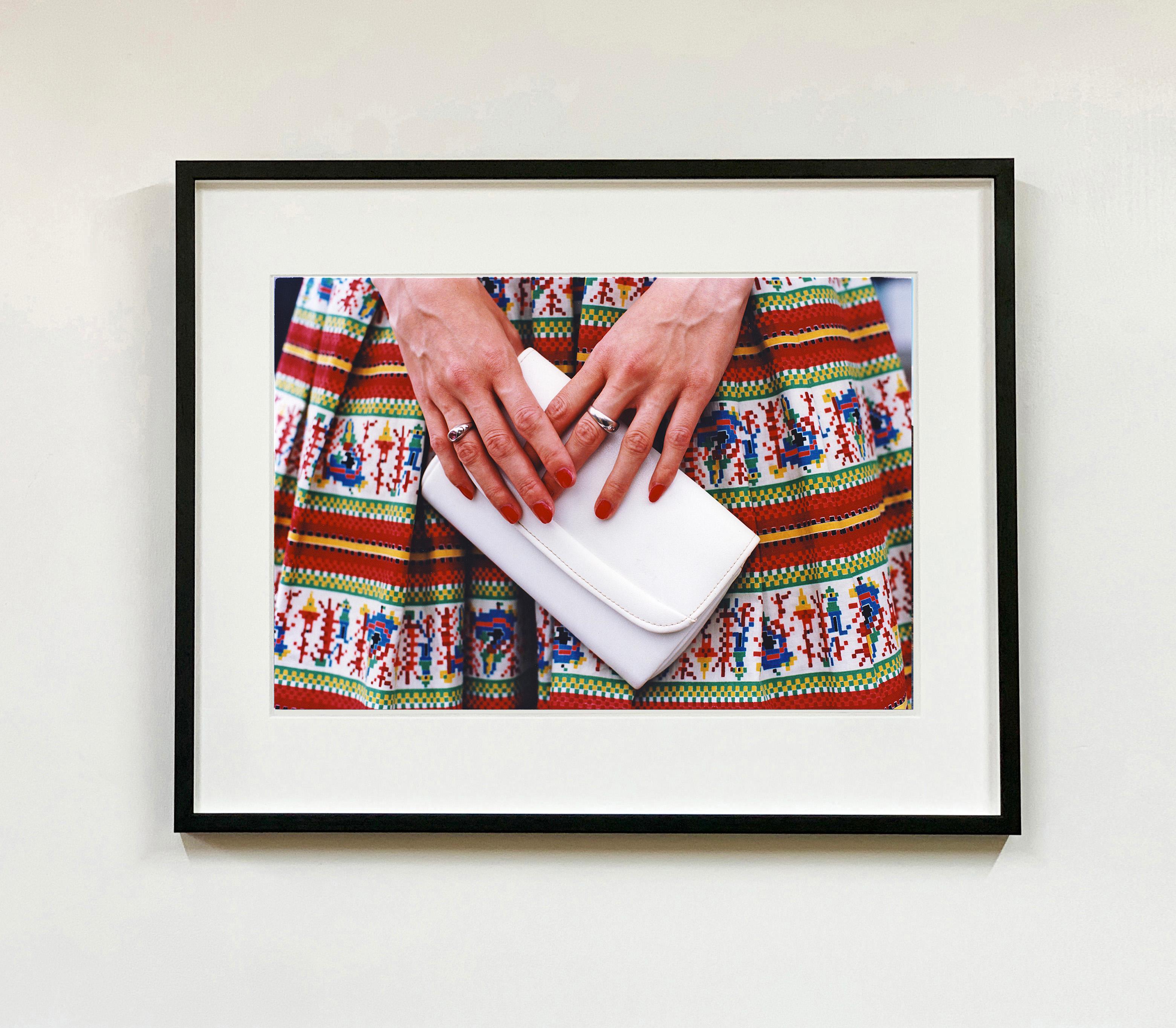 White Handbag, Goodwood, Chichester - Feminine fashion, color photography - Photograph by Richard Heeps
