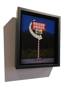 Blue and red small scale oil painting "Frisko Freeze" (Photorealist landscape)