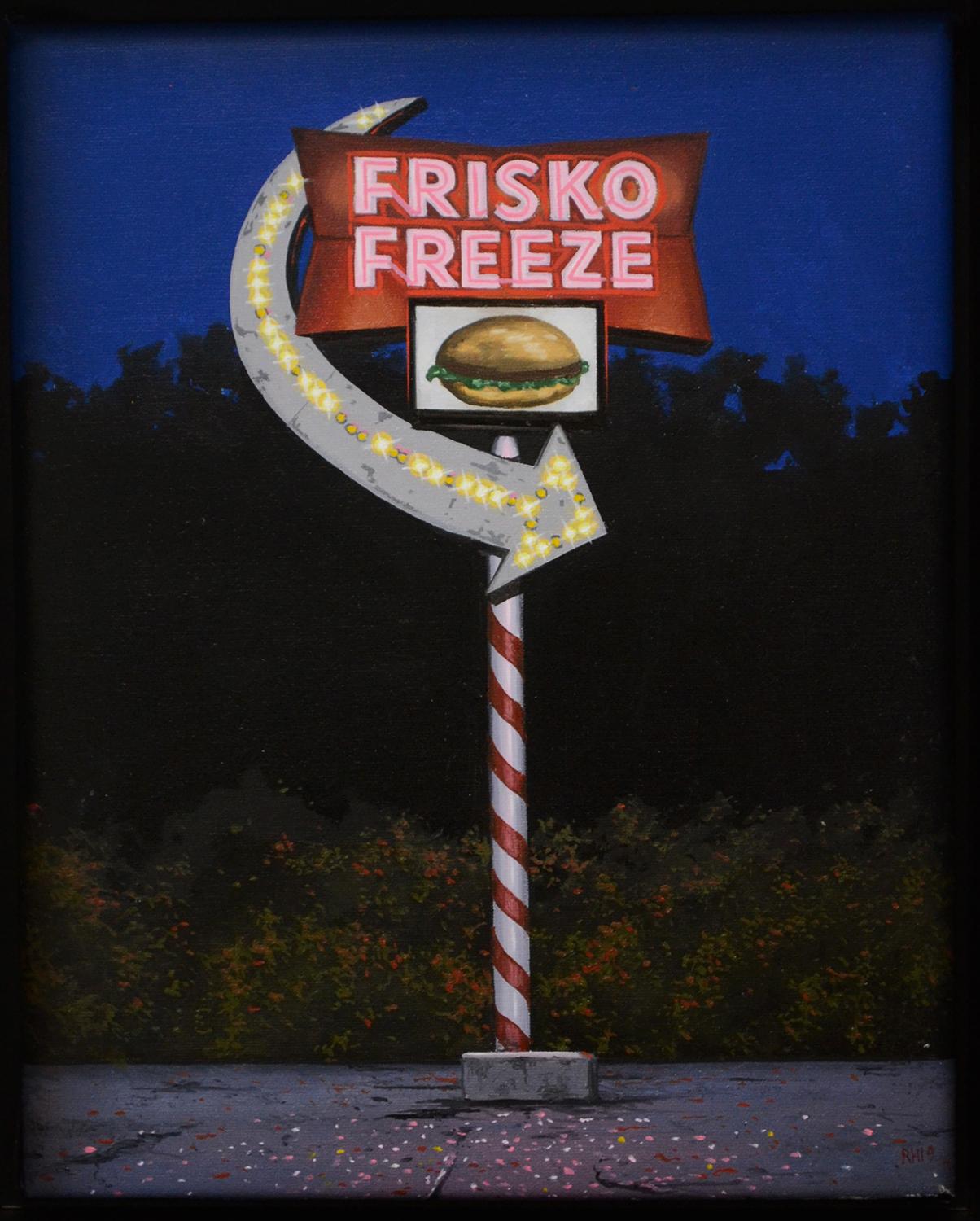 Richard Heisler Landscape Painting - Blue and red small scale oil painting "Frisko Freeze" (Photorealist landscape)