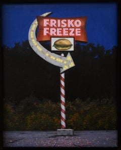 Blue and red small scale oil painting "Frisko Freeze" (Photorealist landscape)