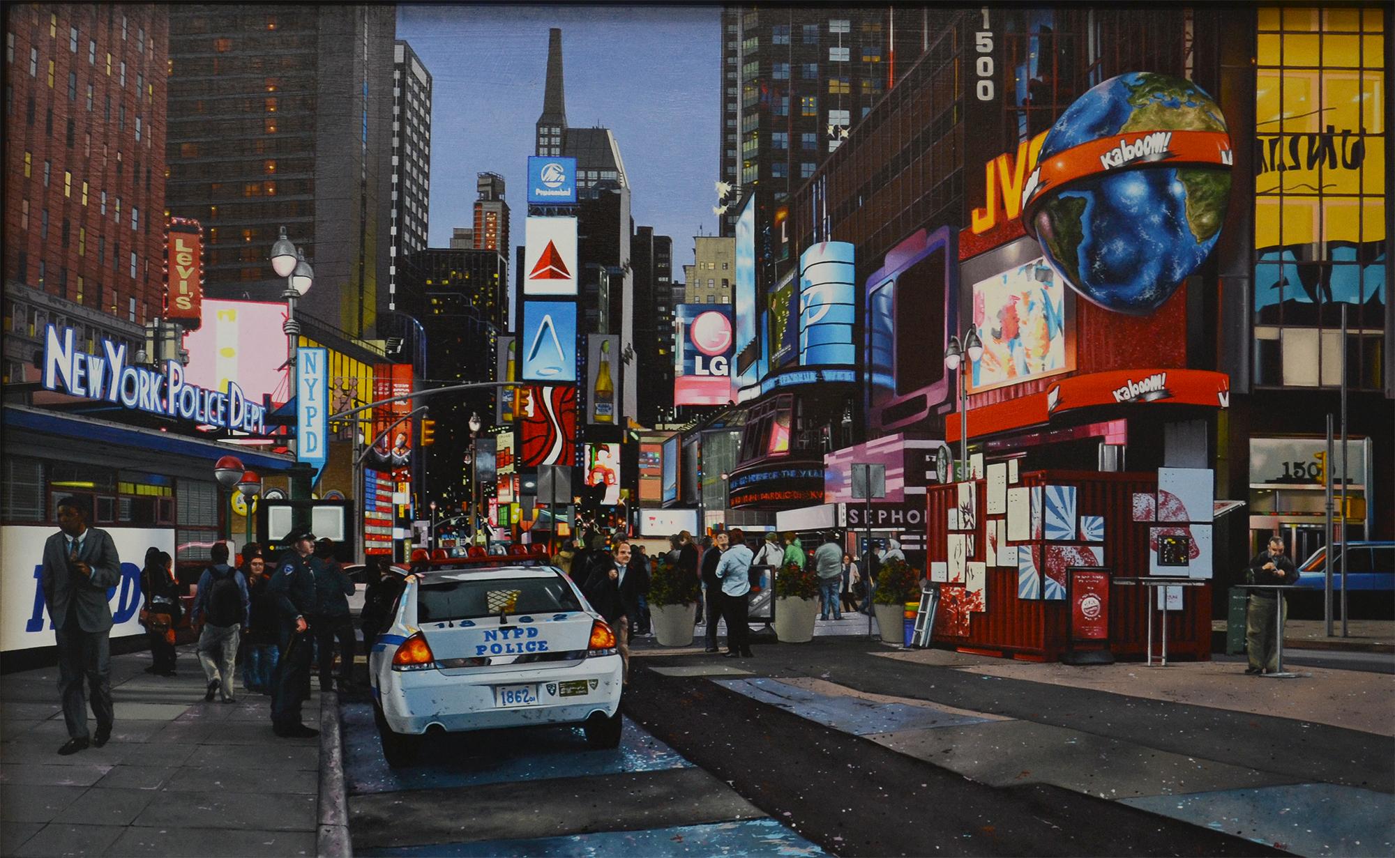 Richard Heisler Landscape Painting – "N.Y.P.D." City Landscape (Photorealism, New York City, Times Square)