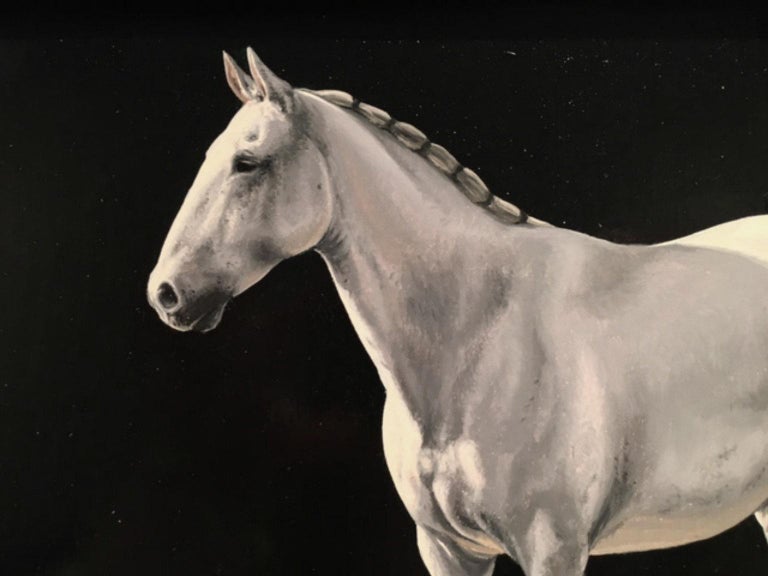 Richard Heisler Photorealist white horse with black background, "Rio