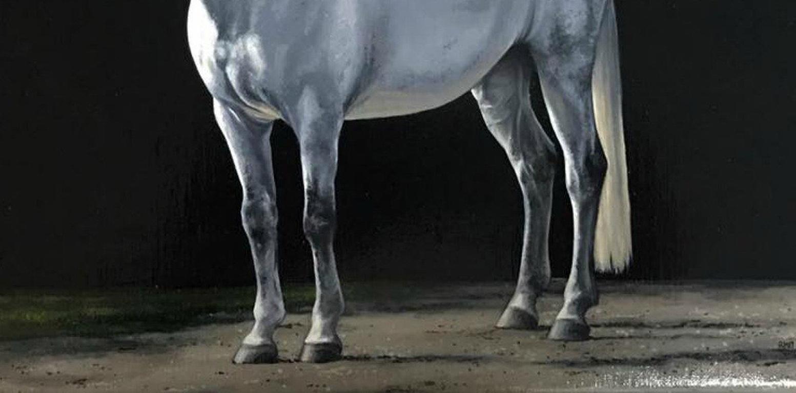 Photorealist painting of a white horse, 