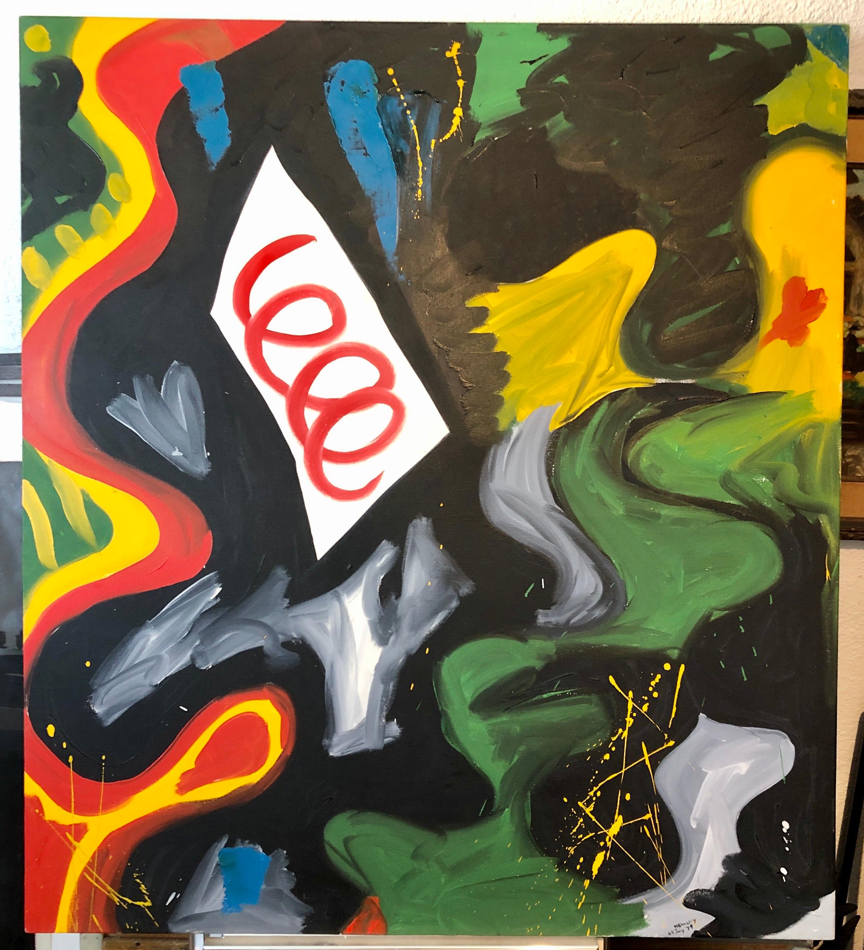 1979 Grande pittura a olio astratta colorata 