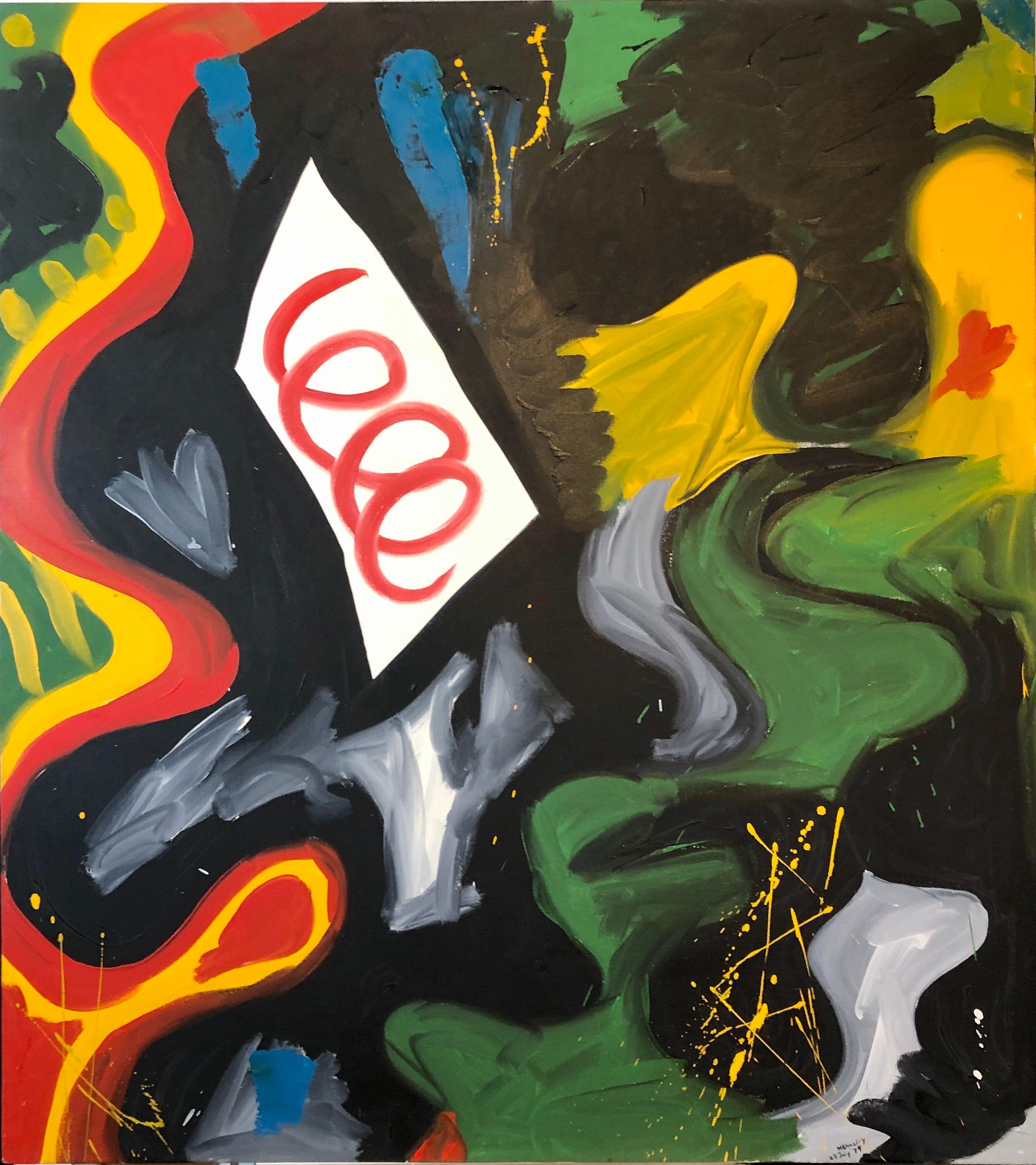 Grande peinture à l'huile abstraite colorée de 1979 « Nightlife », art d'inspiration jazz en vente 4