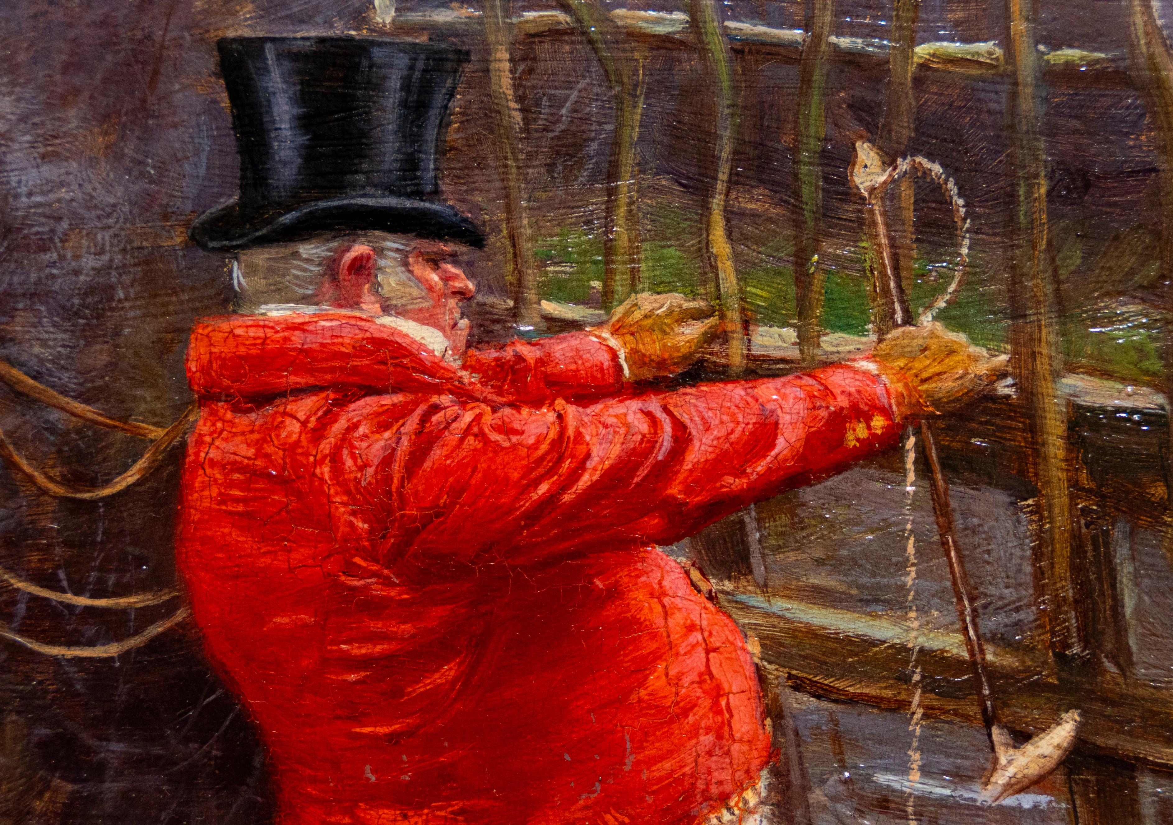 End of the fox hunting day. Hunter with his horse trying to open a gate - English School Painting by Richard Henry Brock