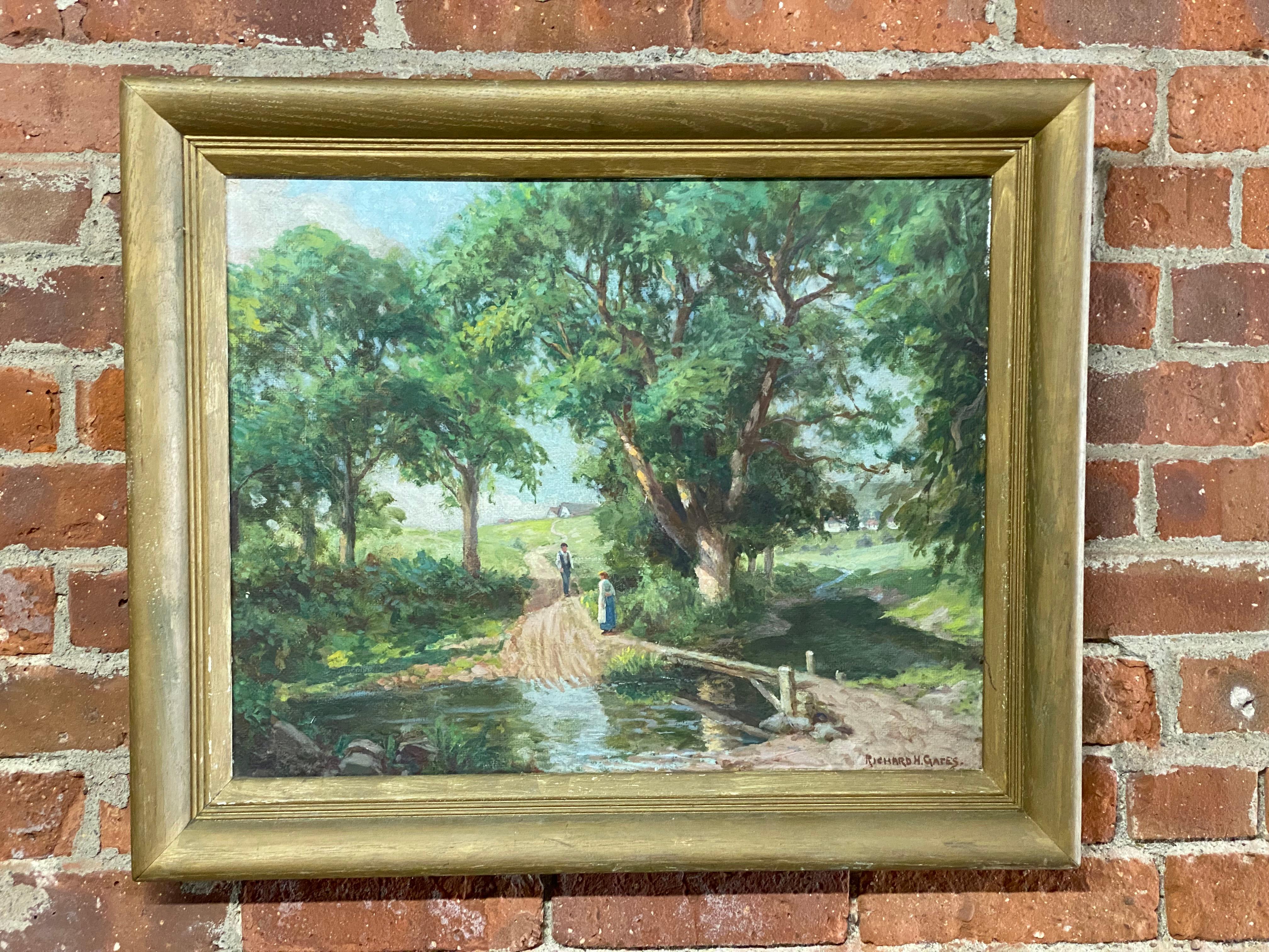 Oil on masonite board painting by Richard Henry Gates (1872-1964). Signed lower right, Richard H Gates, Circa 1920-40. Gates has produced a wonderful bucolic landscape of verdant trees, a village in the background and a small body of water with a