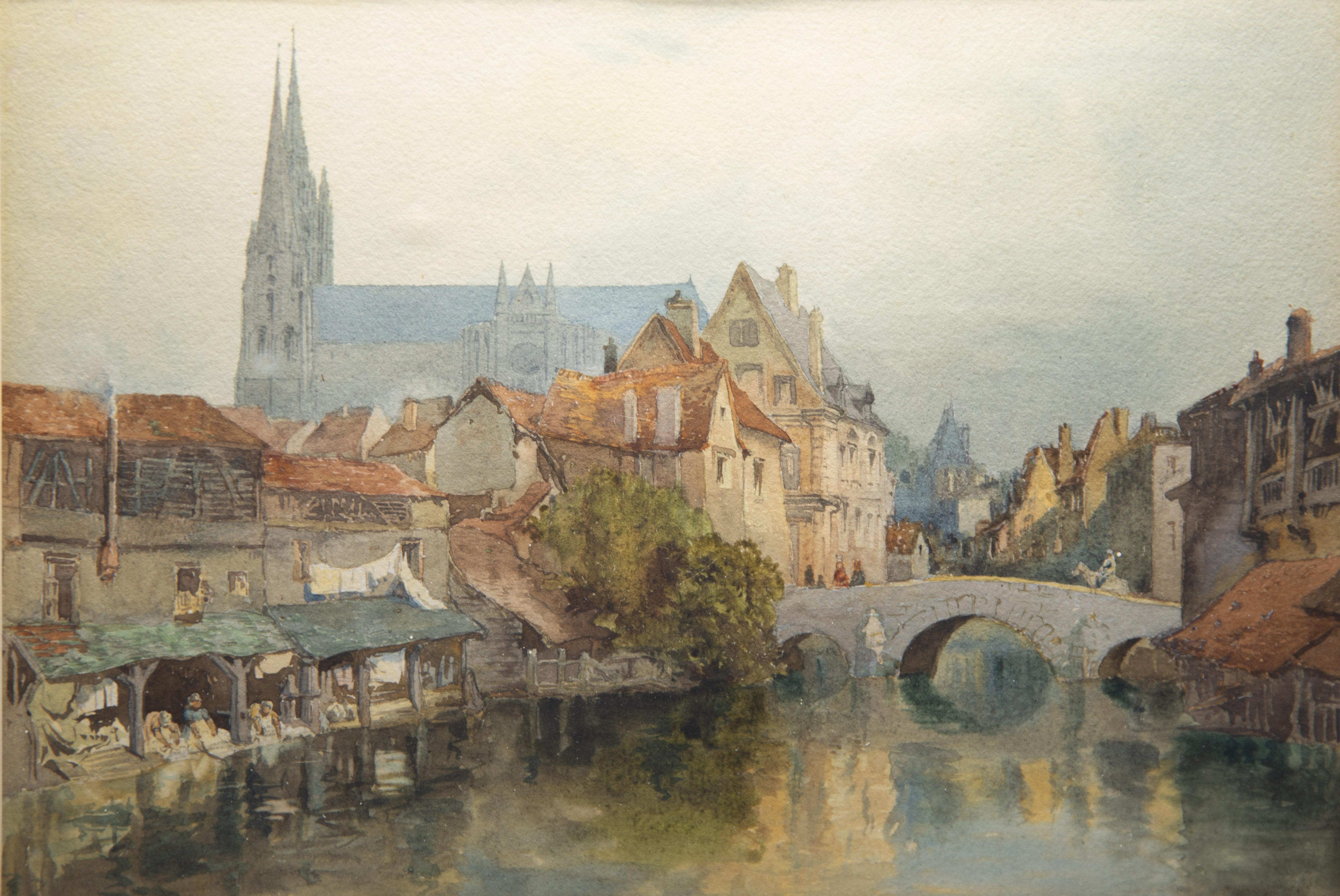 Richard Henry Wright watercolor gouache of Chartres France dated 1906. Gallery label on reverse Chapman Brothers King Roads Chelsea, England. Richard Henry Wright's work has been sold at Christies and he was a member at the Royal Academy of Arts in