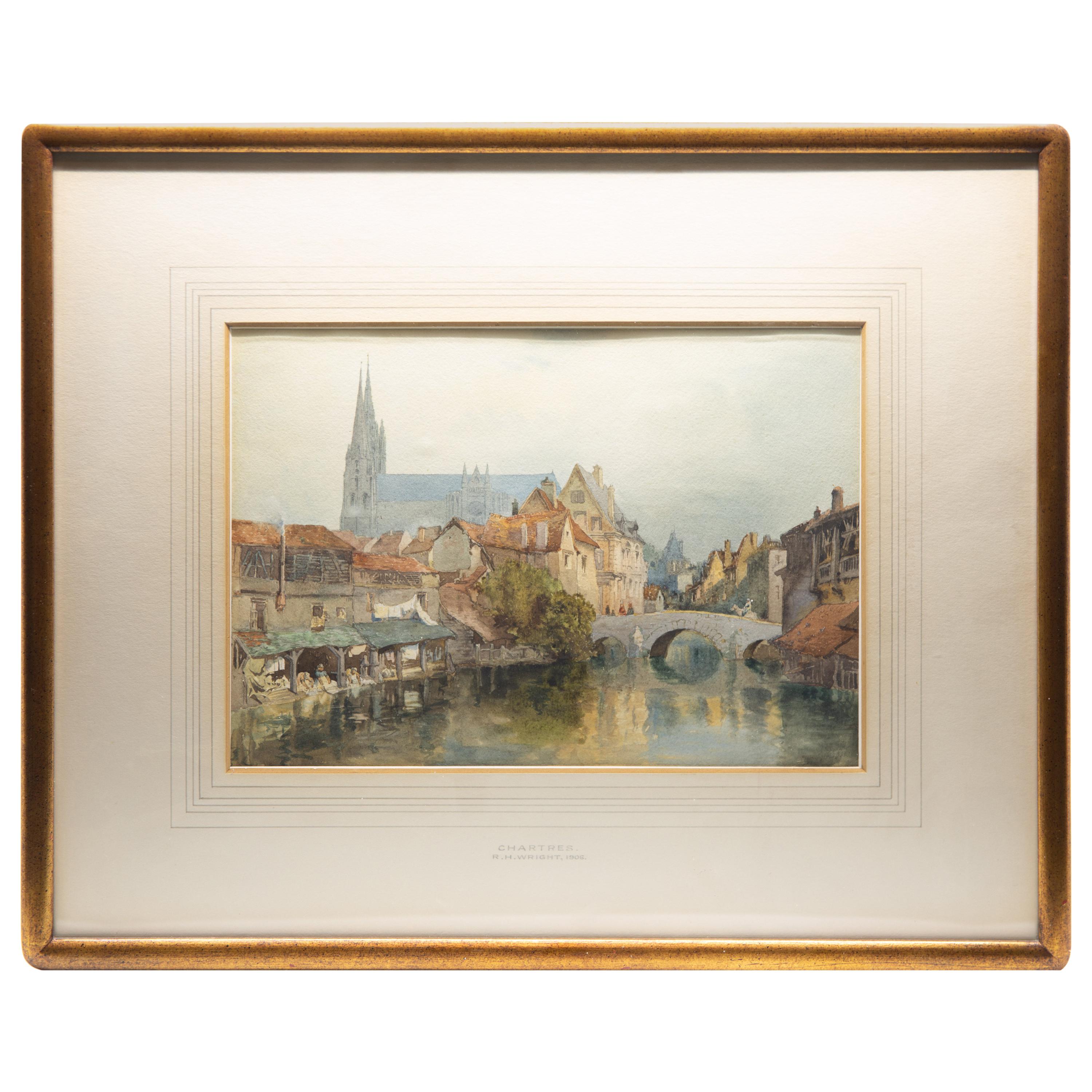 Richard Henry Wright Watercolor Gouache of Chartres, France, 1906