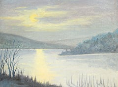 Albright Knox Gallery Label Signed Landscape Oil Painting Lake River Nocturnal