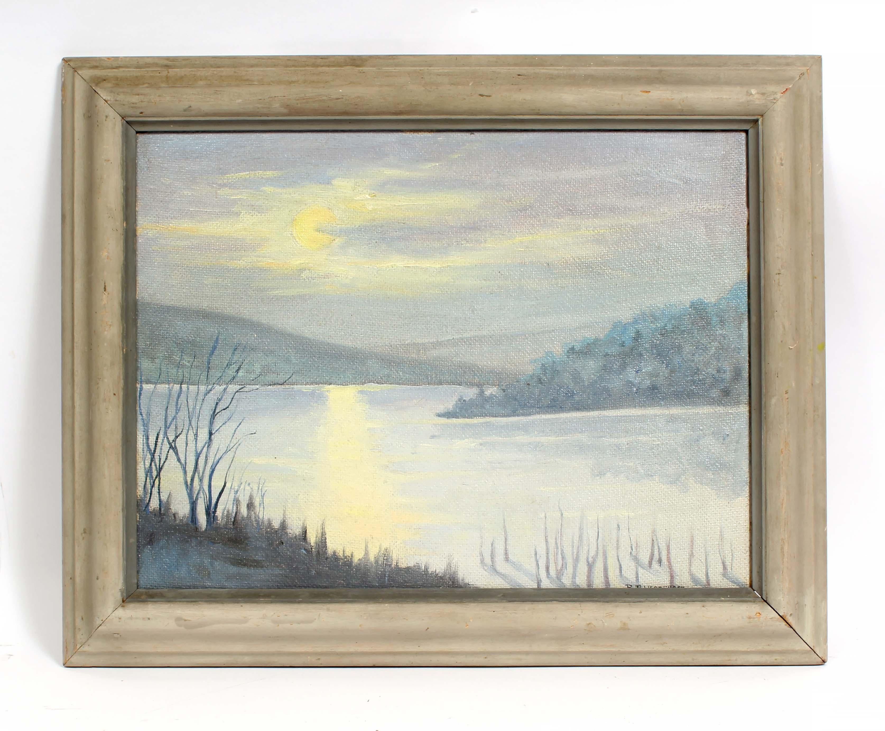 Tableau de paysage signé Albright Knox Gallery Label signé River Nocturnal