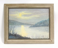 Vintage Albright Knox Gallery Label Signed Landscape Oil Painting Lake River Nocturnal