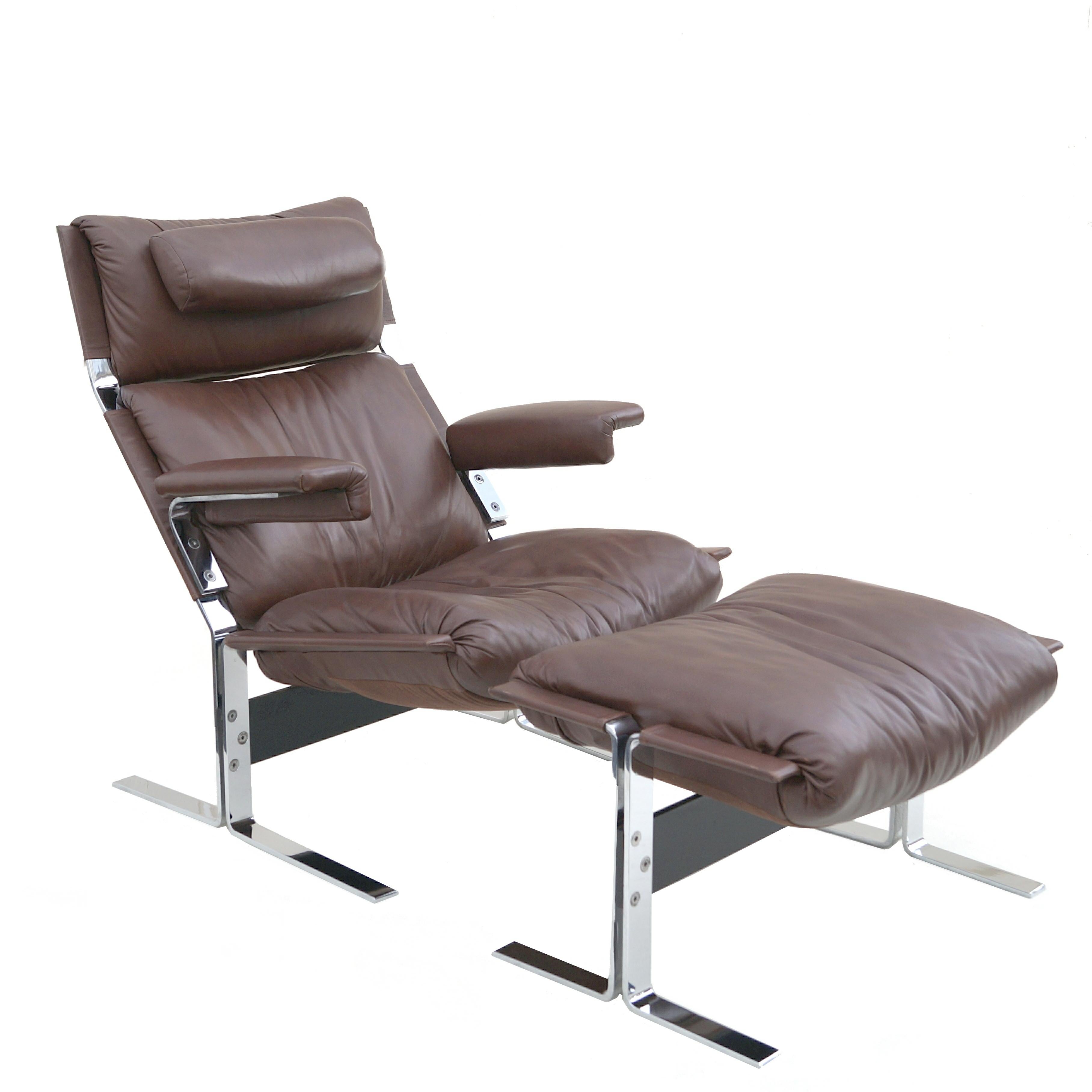 Brown leather and polished chrome, lounge chair and ottoman, by Richard Hersberger for Pace. In good condition. The dimensions of the ottoman are 26