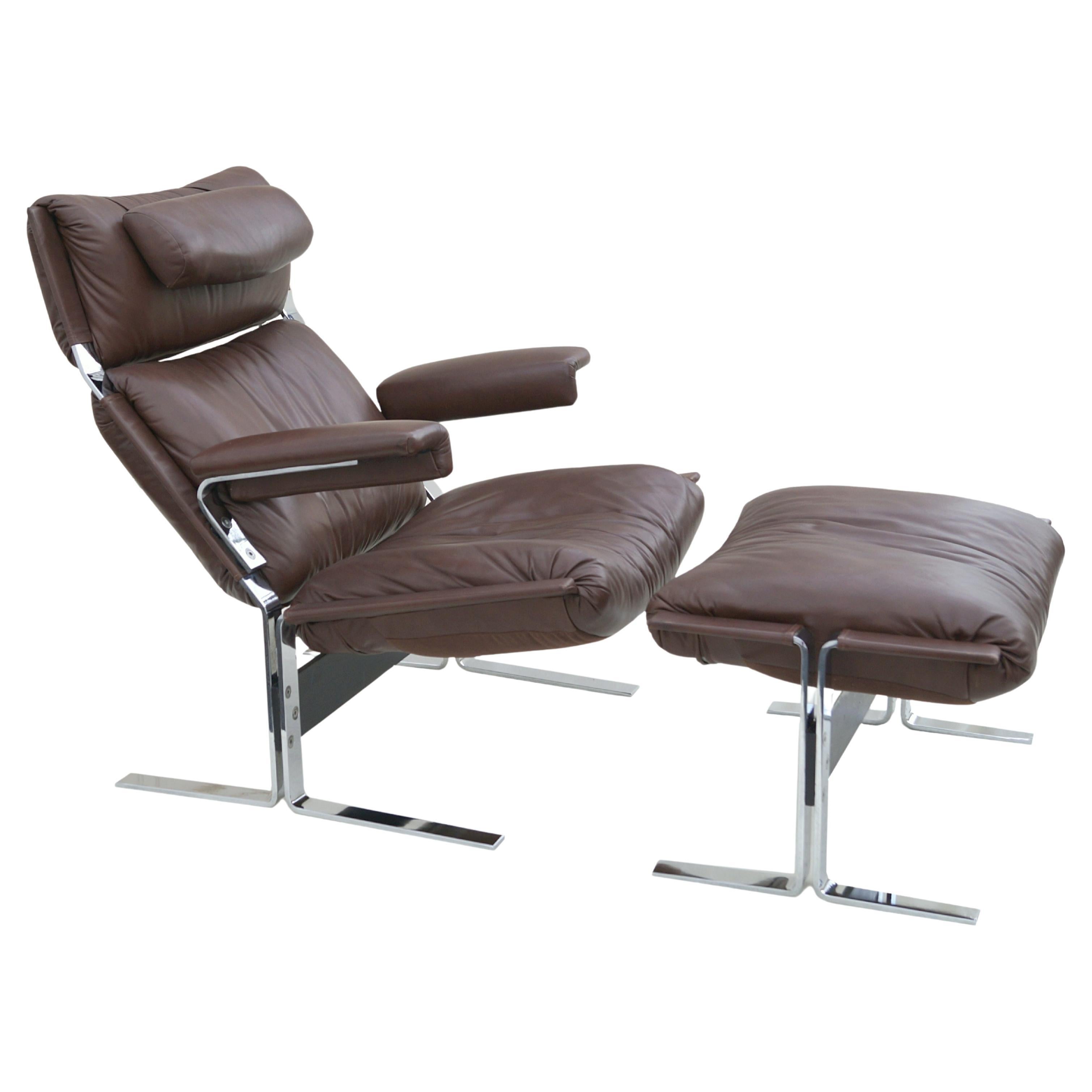 Richard Hersberger for Pace Brown Leather & Chrome Lounge Chair and Ottoman