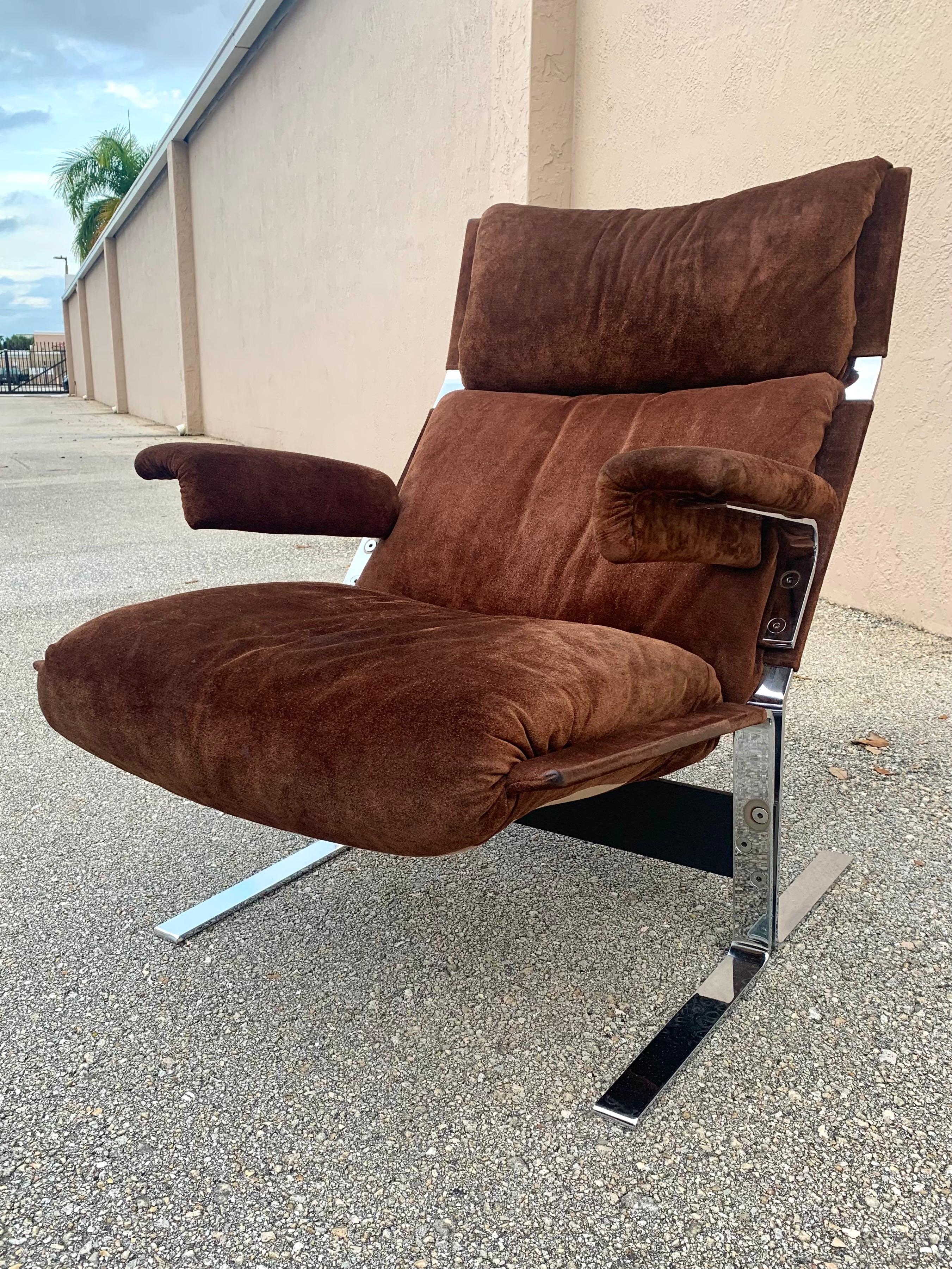 Richard Hersberger for Pace, Brown Suede and Chrome Lounge Chair and Ottoman 3