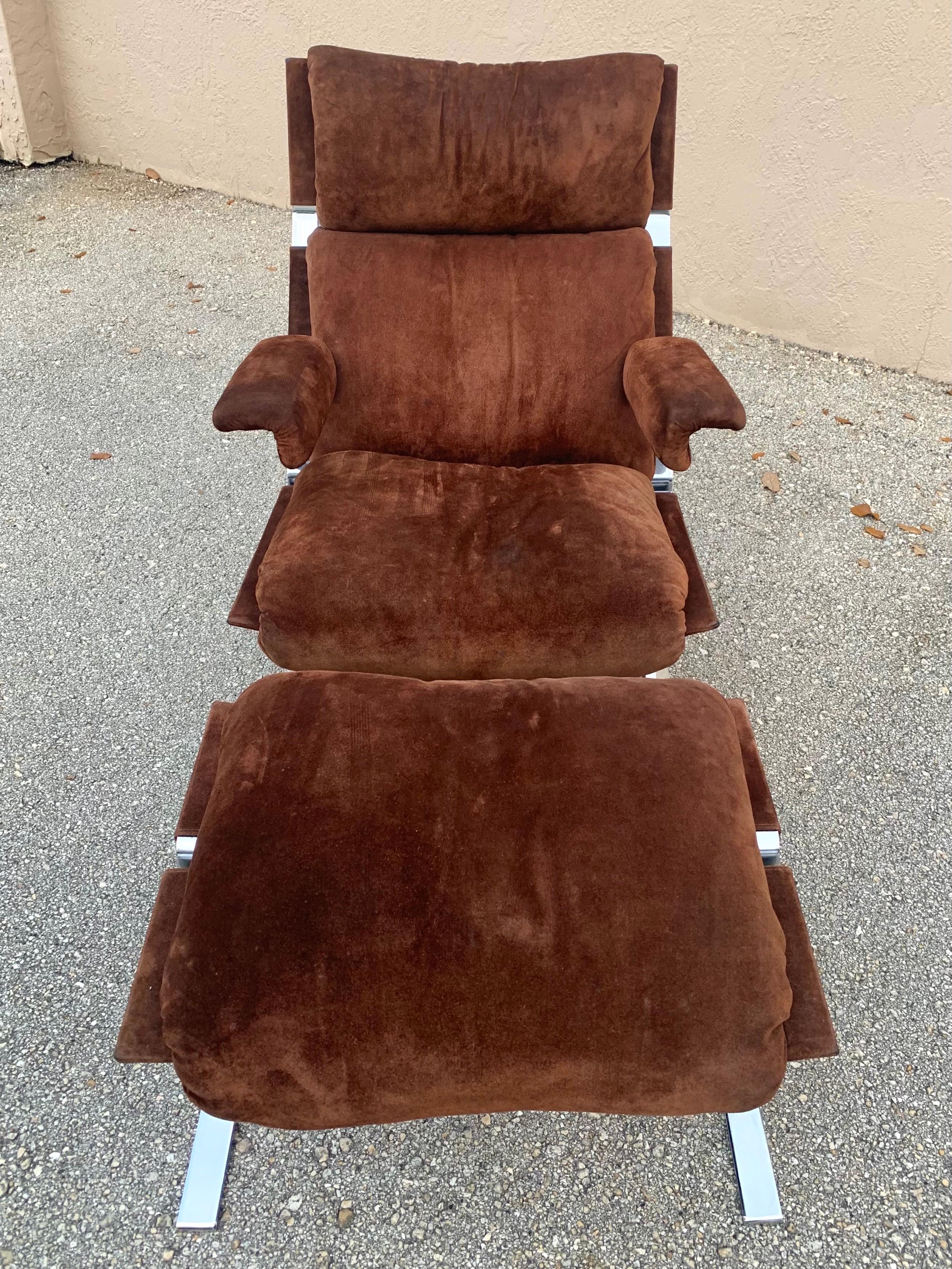 Mid-Century Modern Richard Hersberger for Pace, Brown Suede and Chrome Lounge Chair and Ottoman