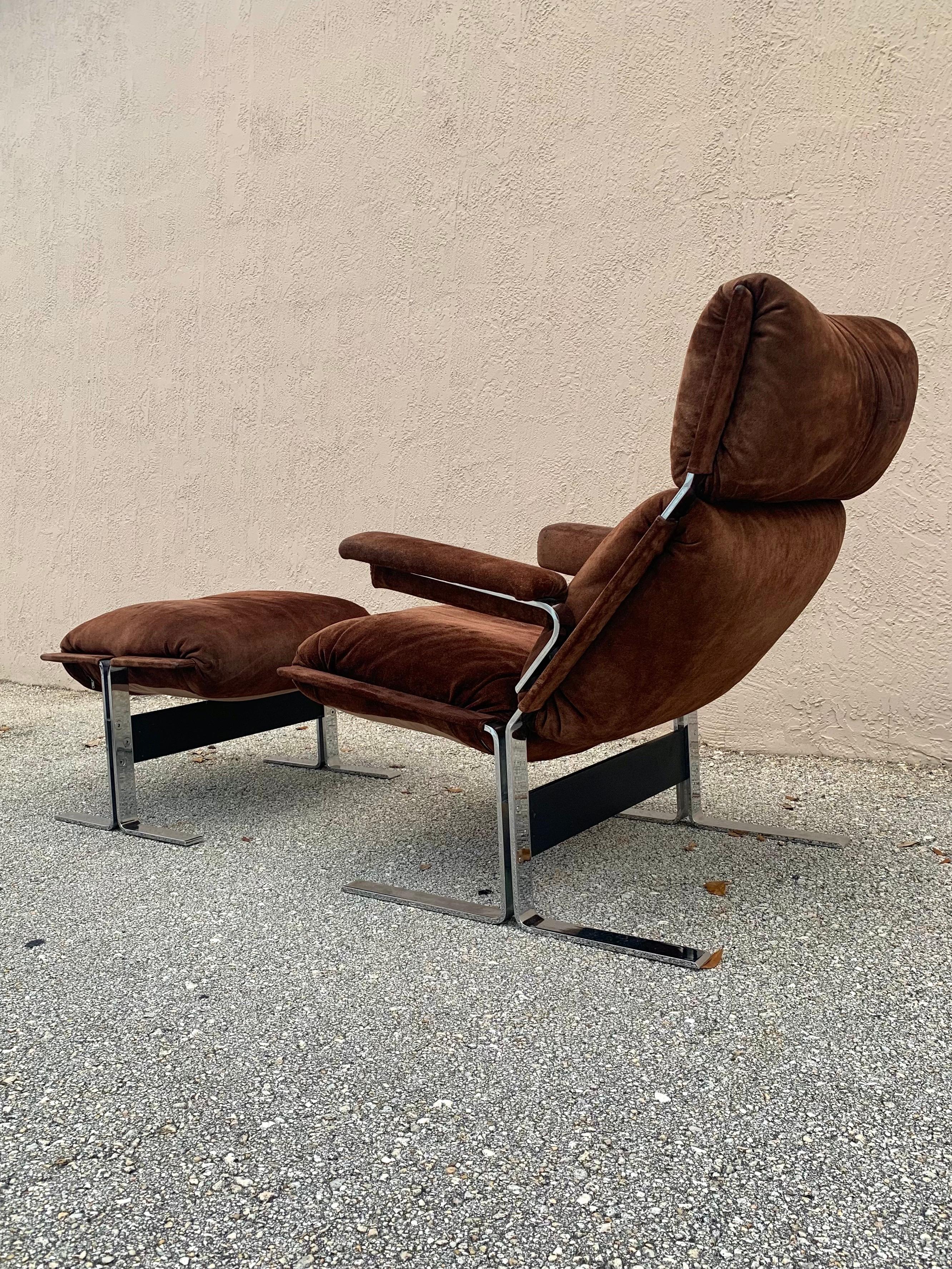 Mid-Century Modern Richard Hersberger for Pace, Brown Suede and Chrome Lounge Chair and Ottoman