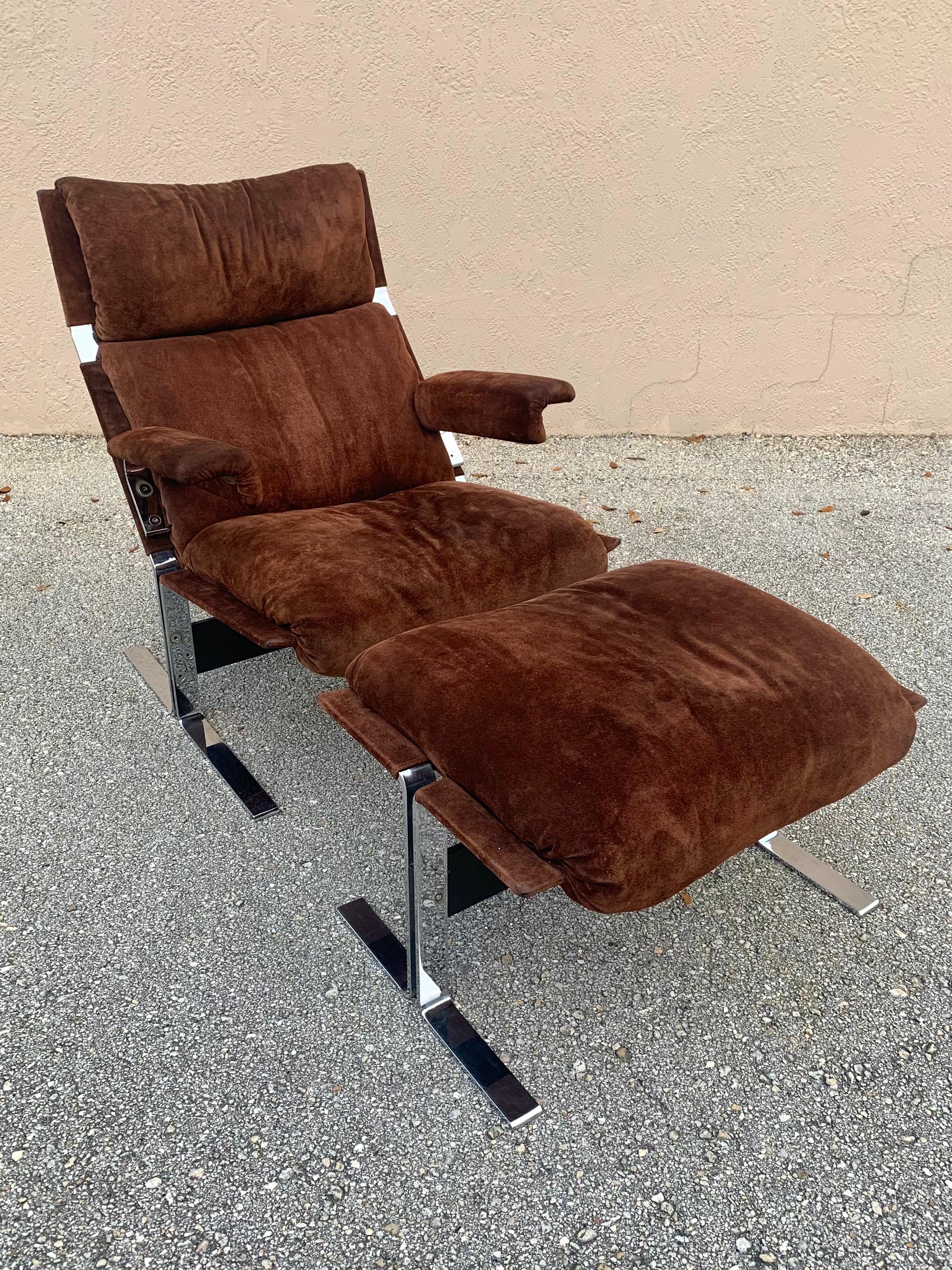 American Richard Hersberger for Pace, Brown Suede and Chrome Lounge Chair and Ottoman