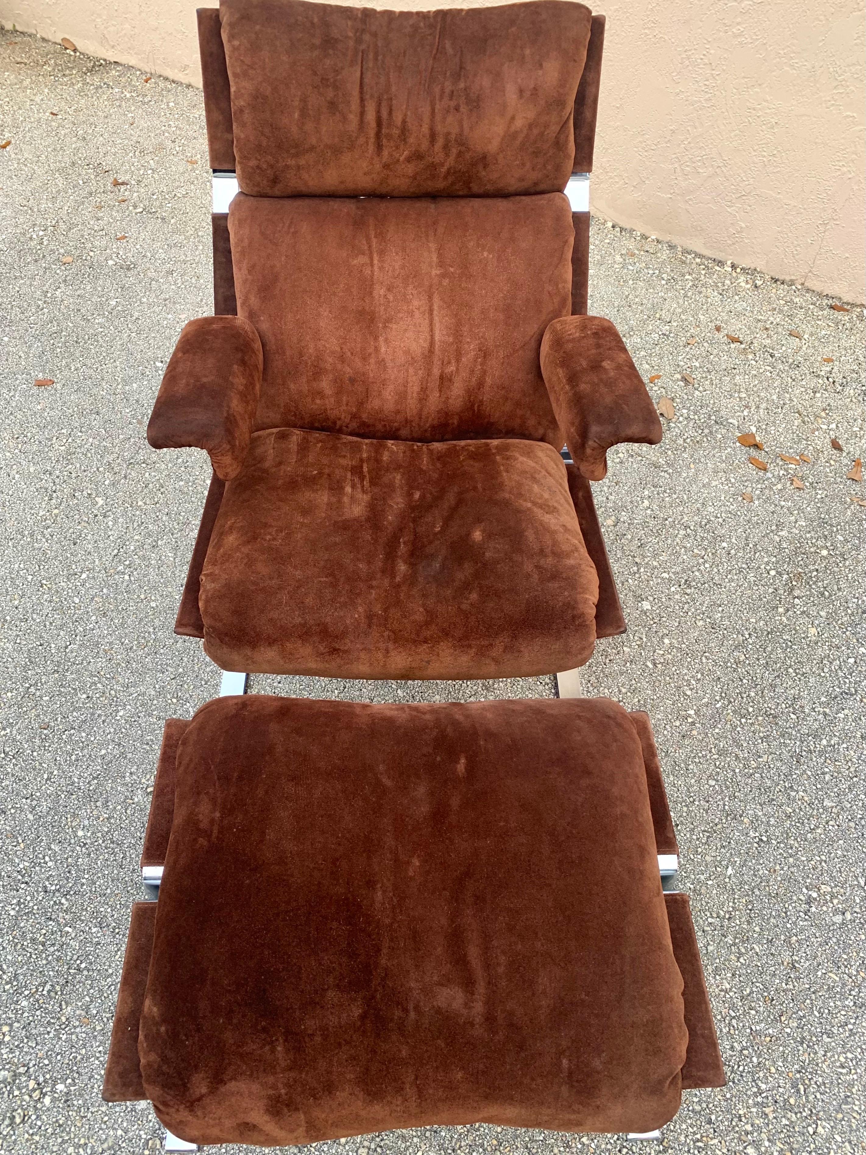 Richard Hersberger for Pace, Brown Suede and Chrome Lounge Chair and Ottoman In Good Condition In Boynton Beach, FL