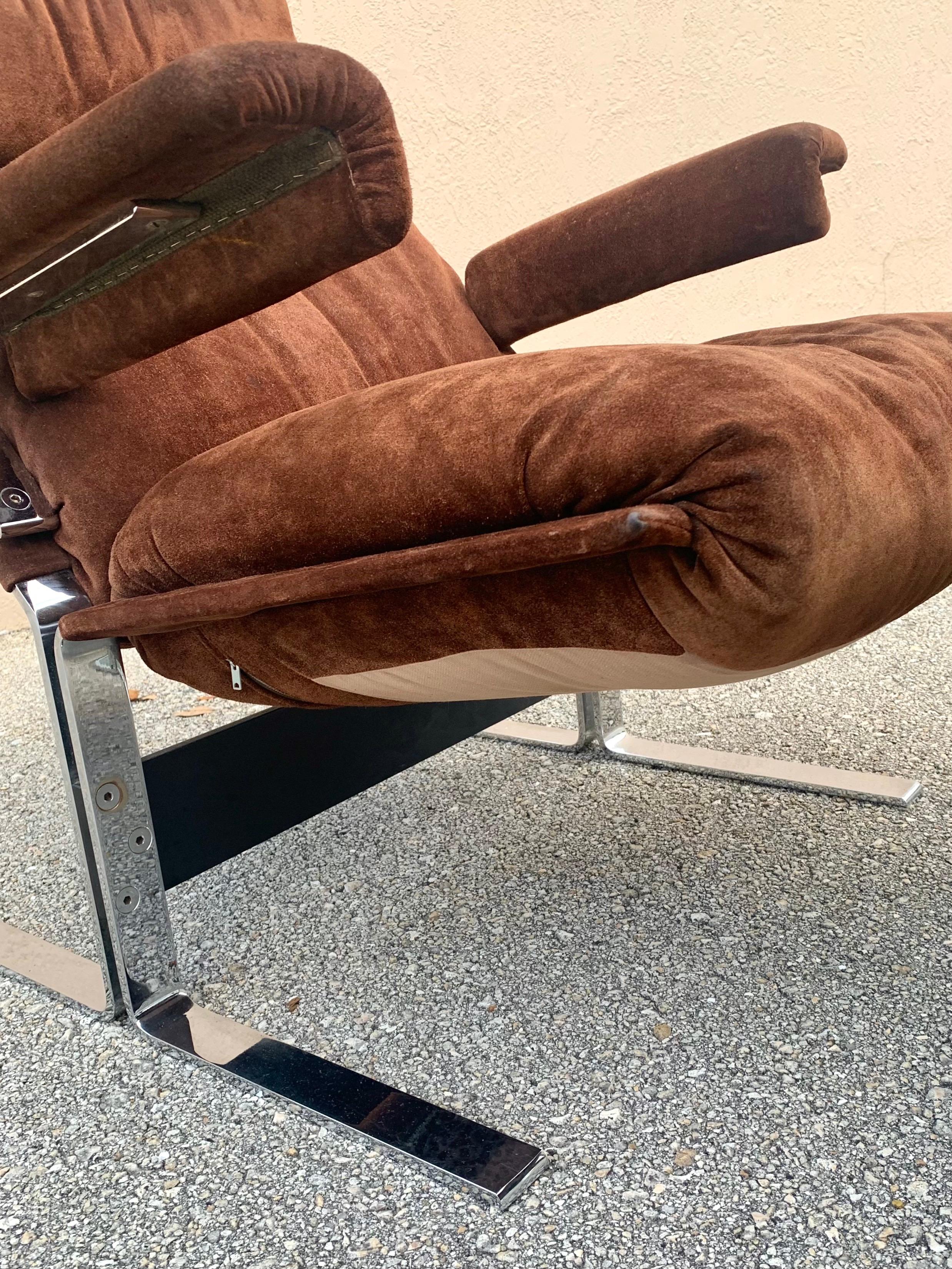 20th Century Richard Hersberger for Pace, Brown Suede and Chrome Lounge Chair and Ottoman