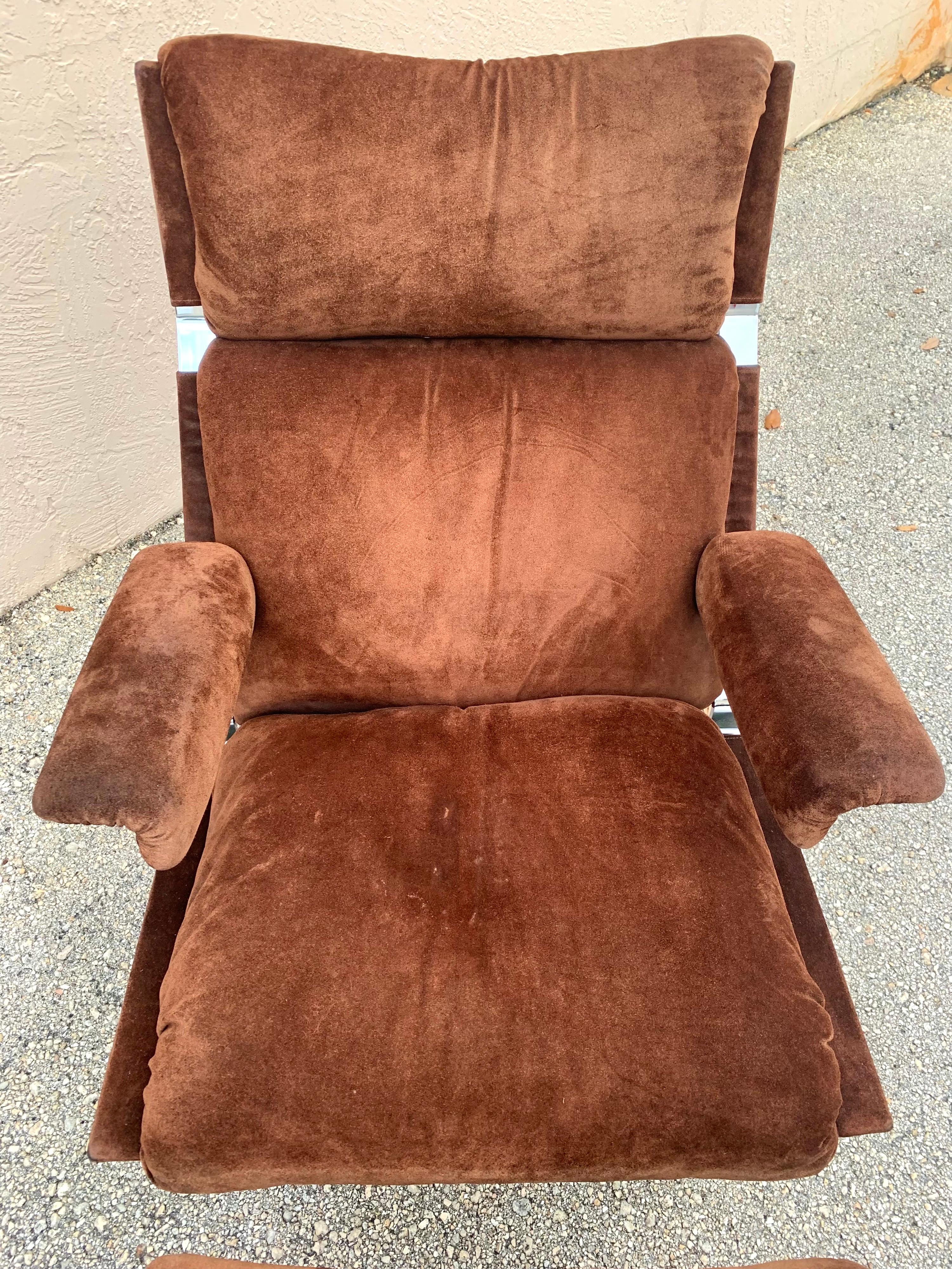 20th Century Richard Hersberger for Pace, Brown Suede and Chrome Lounge Chair and Ottoman