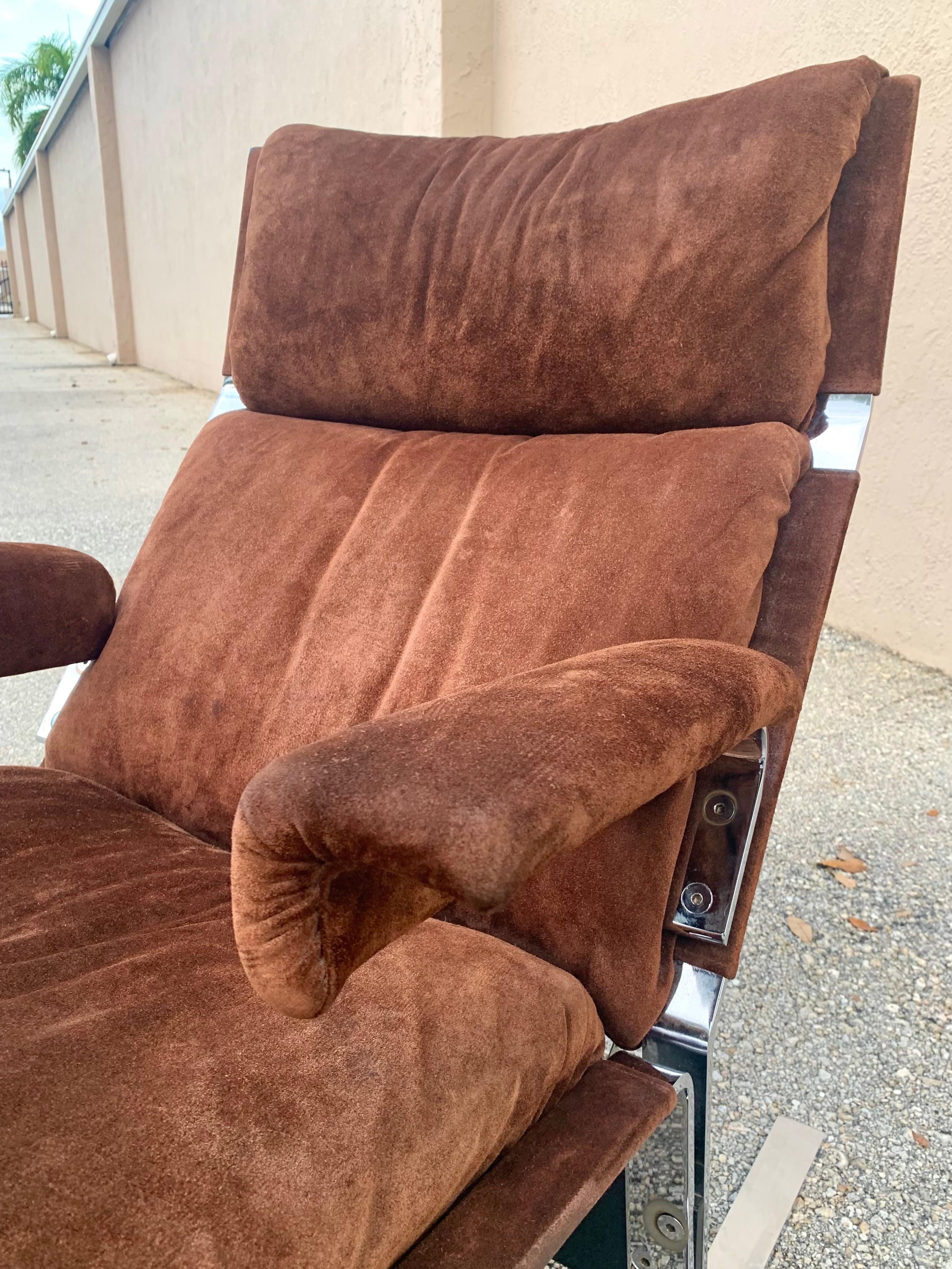Leather Richard Hersberger for Pace, Brown Suede and Chrome Lounge Chair and Ottoman
