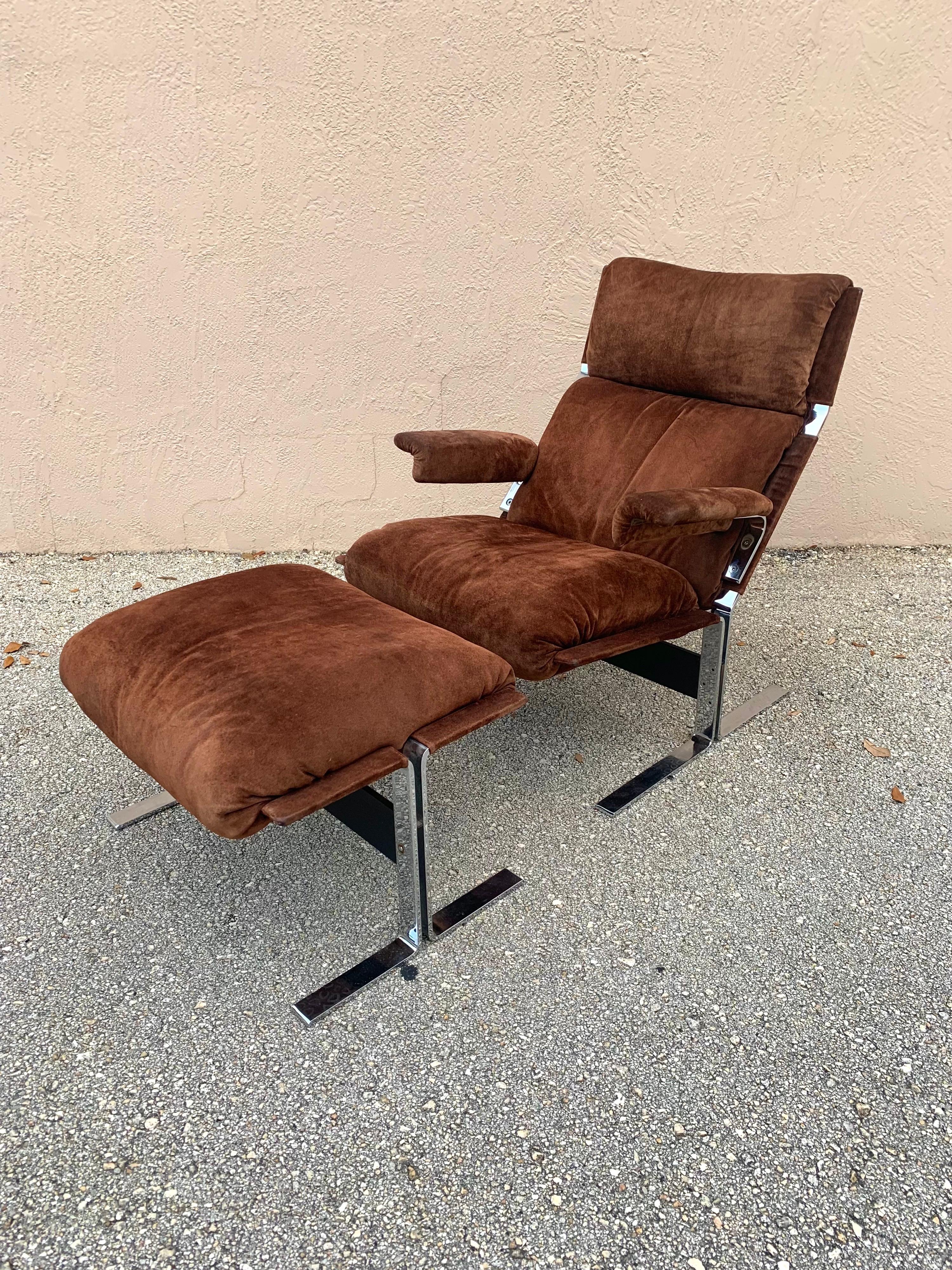 Richard Hersberger for Pace, Brown Suede and Chrome Lounge Chair and Ottoman 1