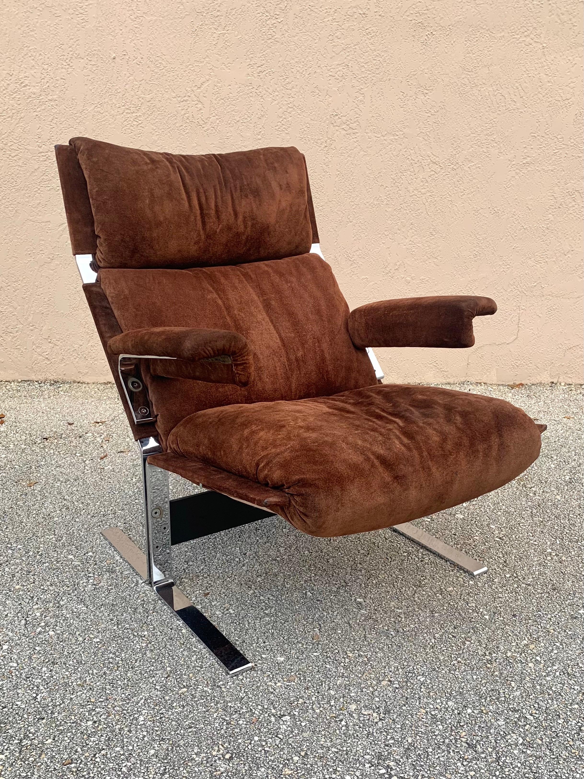 Richard Hersberger for Pace, Brown Suede and Chrome Lounge Chair and Ottoman 2