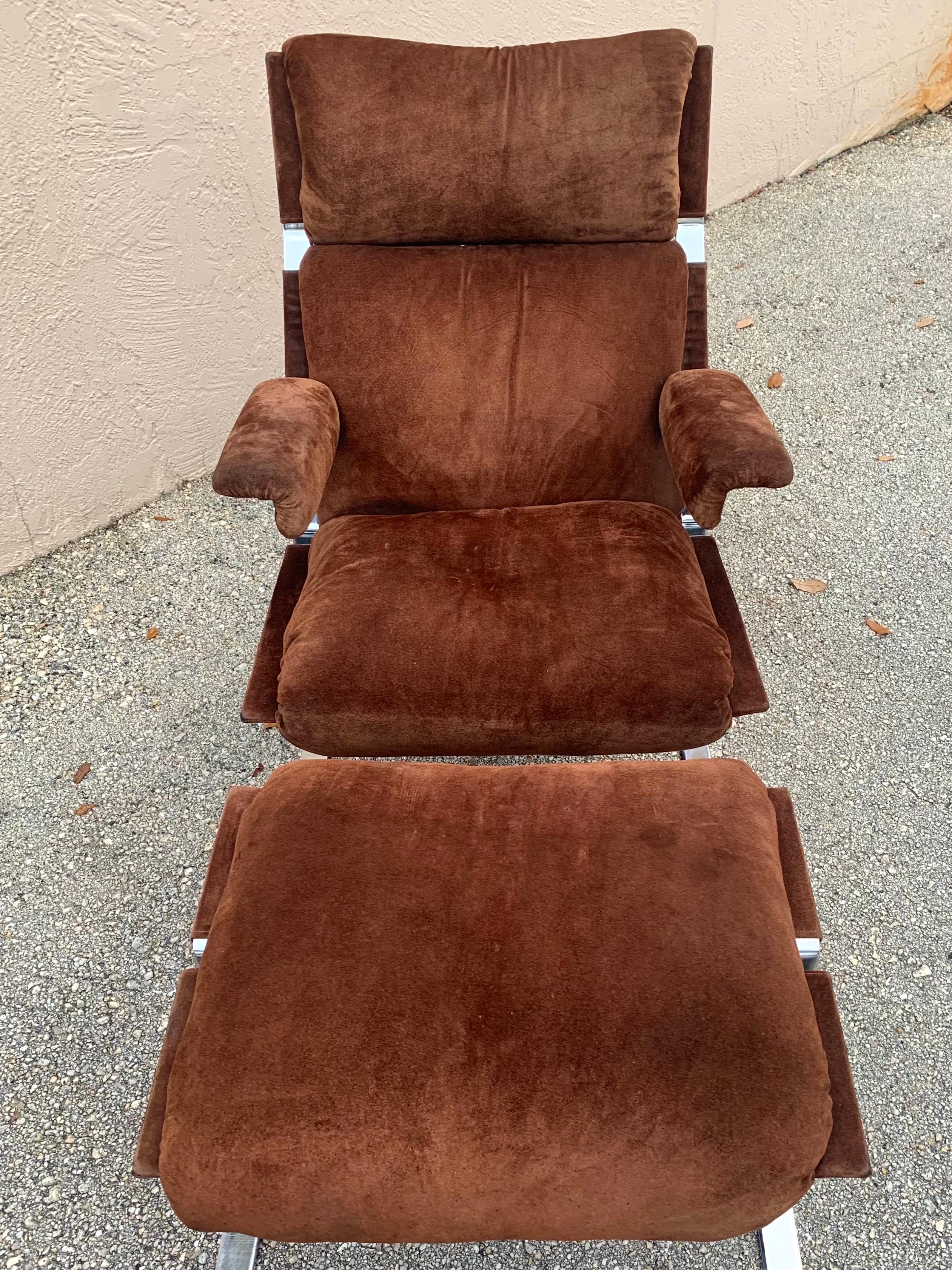 Richard Hersberger for Pace, Brown Suede and Chrome Lounge Chair and Ottoman 2