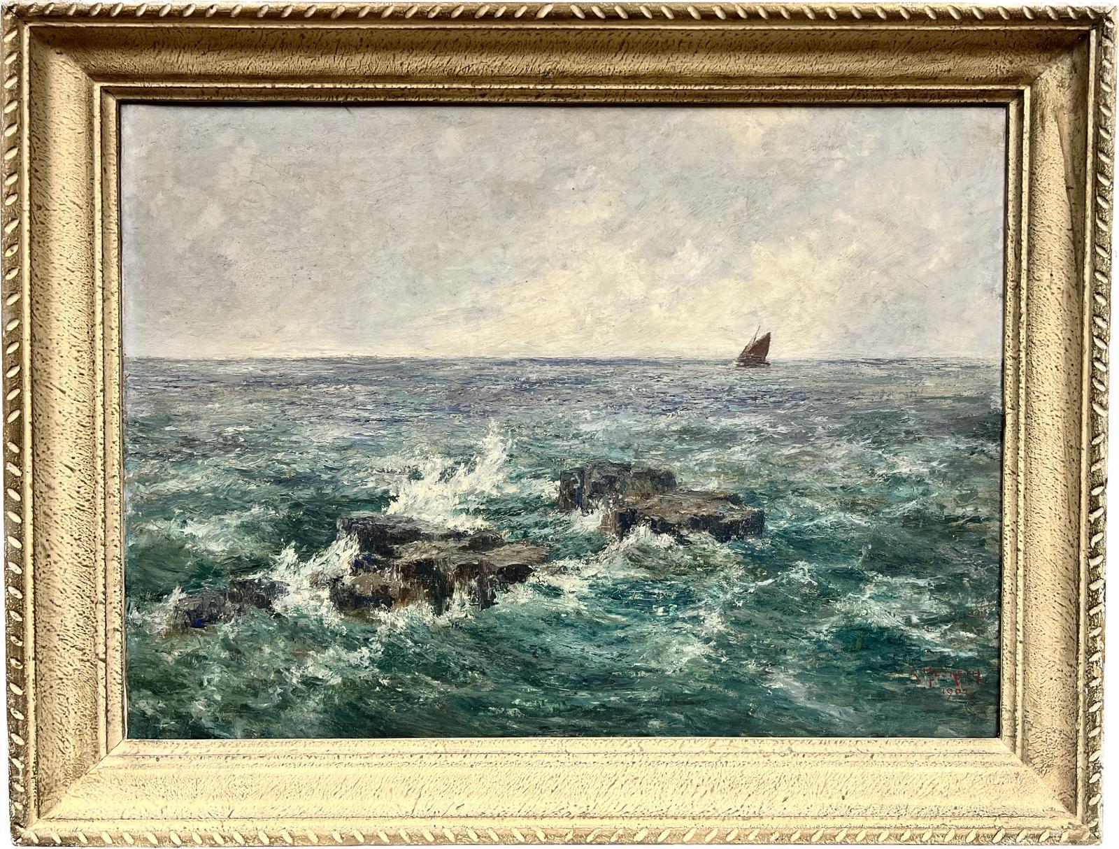 1900's British Impressionist Signed Oil Rocky Seascape with Sailing Ship at Sea - Painting by RICHARD HESKETH (1867-1919