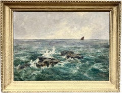 1900's British Impressionist Signed Oil Rocky Seascape with Sailing Ship at Sea
