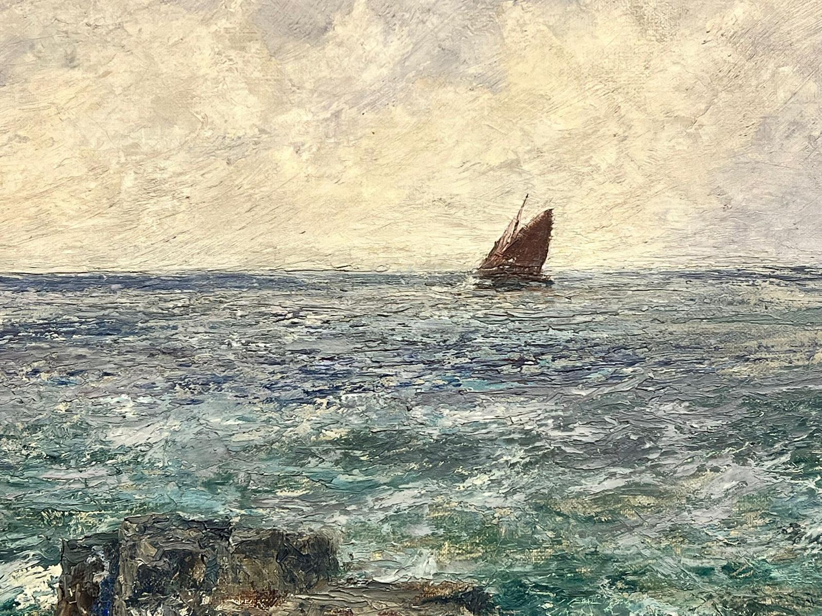 1900's British Impressionist Signed Oil Rocky Seascape with Sailing Ship at Sea For Sale 2