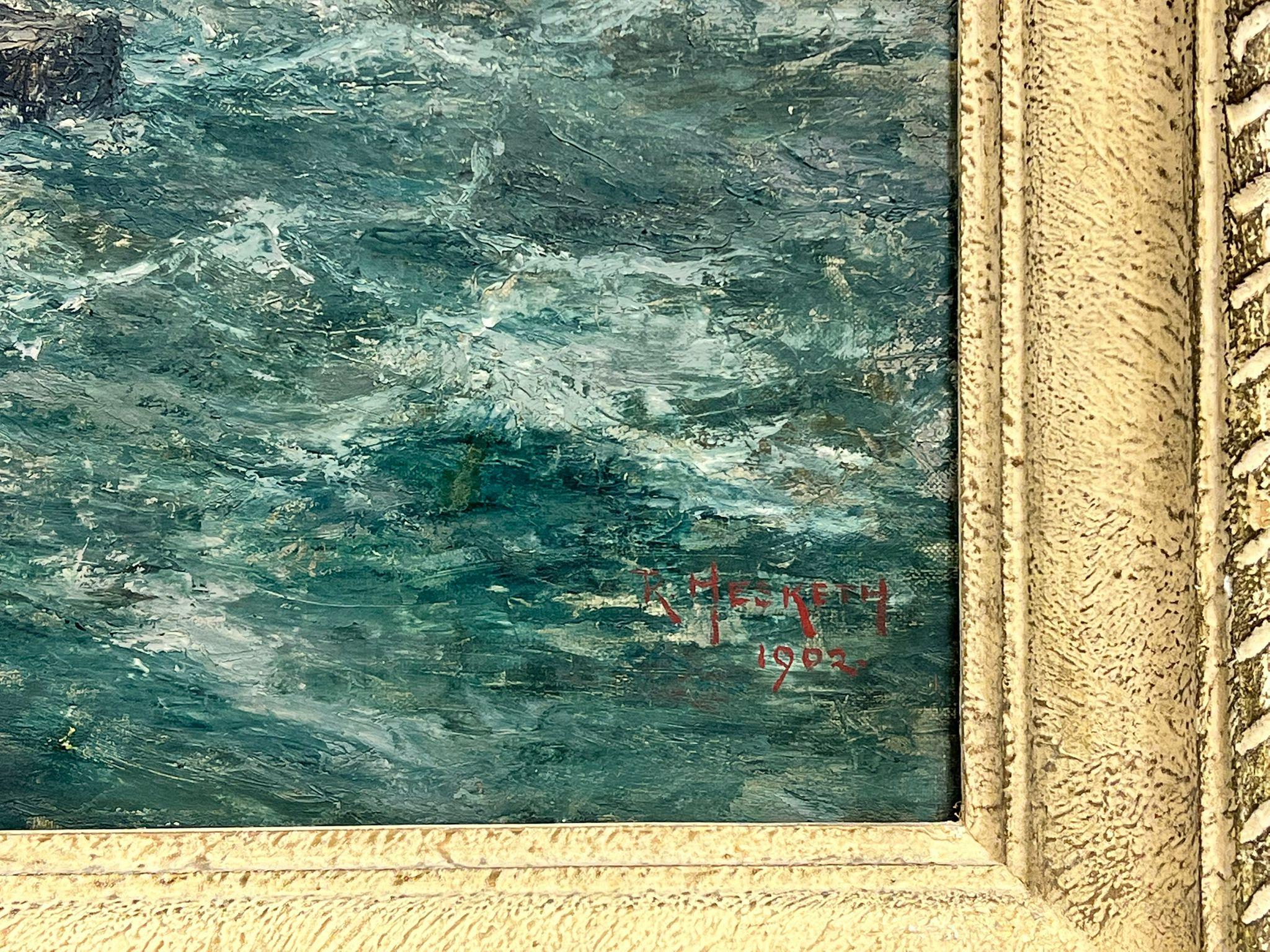 1900's British Impressionist Signed Oil Rocky Seascape with Sailing Ship at Sea For Sale 3