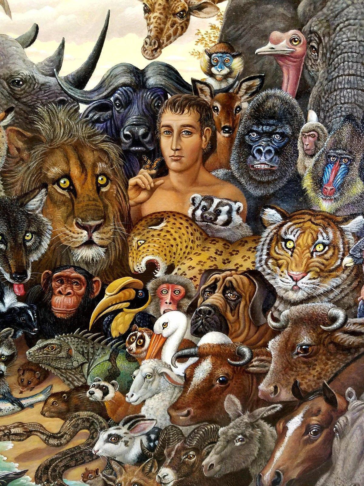 Kingdom Animal Kingdom, Zebra, Buffalo, Lion, Giraffe, Elephant, Monkey, Tiger,  Gorille - Marron Portrait Painting par Richard Hess