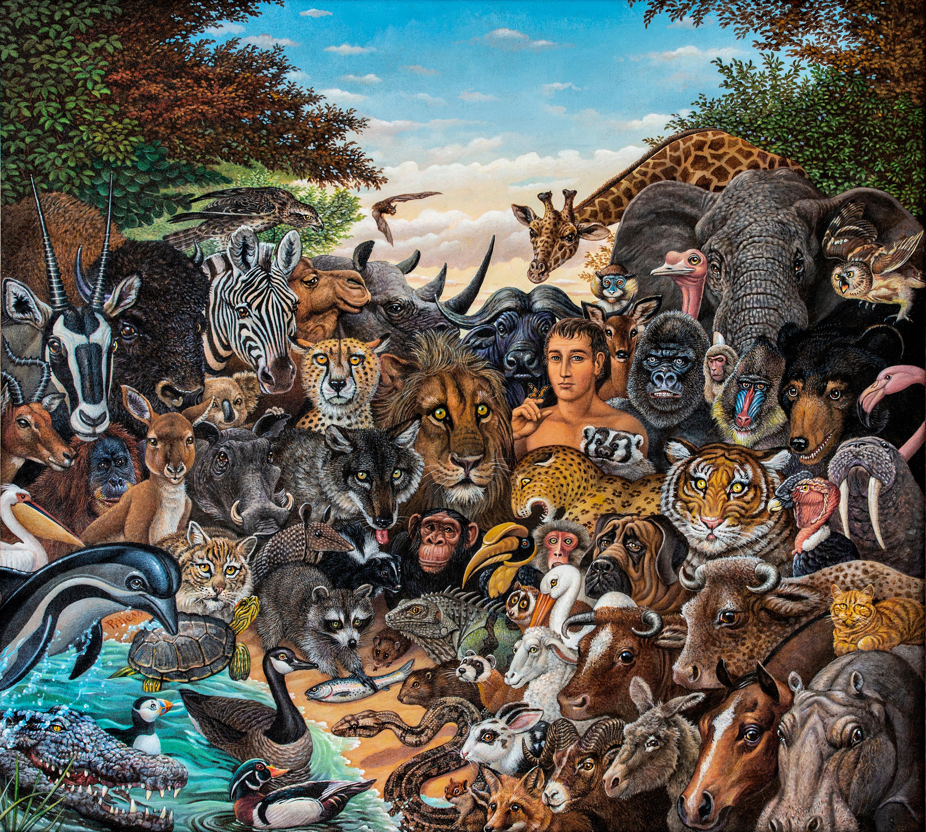 Roi des animaux, zèbre, buffle, lion, girafe, éléphant, singe, tigre,  Gorille - Marron Animal Painting par Richard Hess