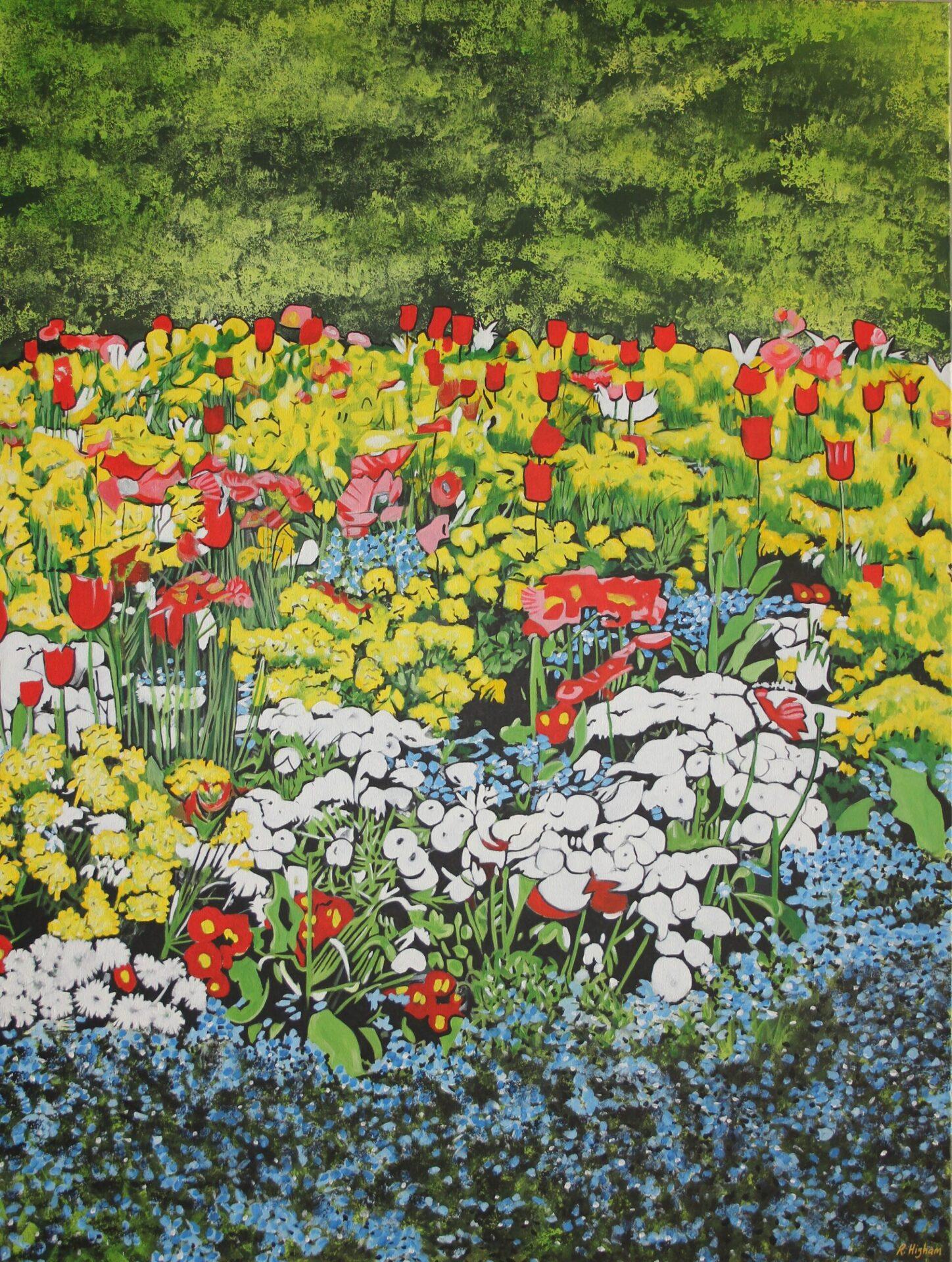 Spring Flower Bed - Painting by Richard Higham