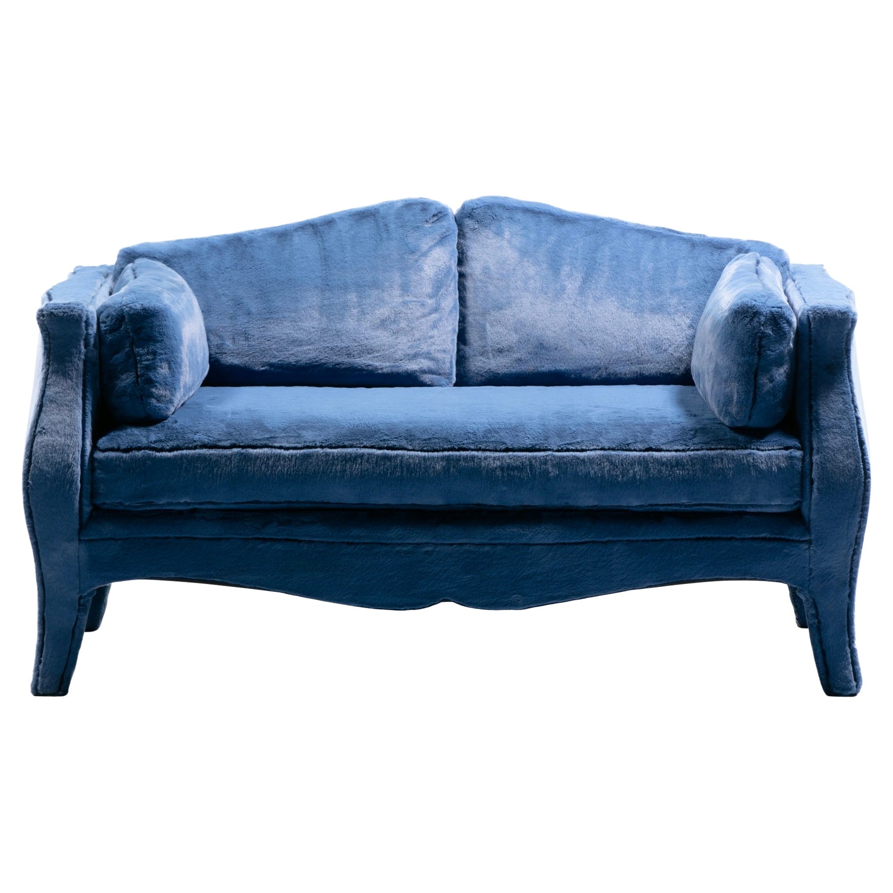 Sofá «Bombé» de la colección Lutece de Richard Himmel, con piel sintética azul zafiro, hacia 1970 en venta